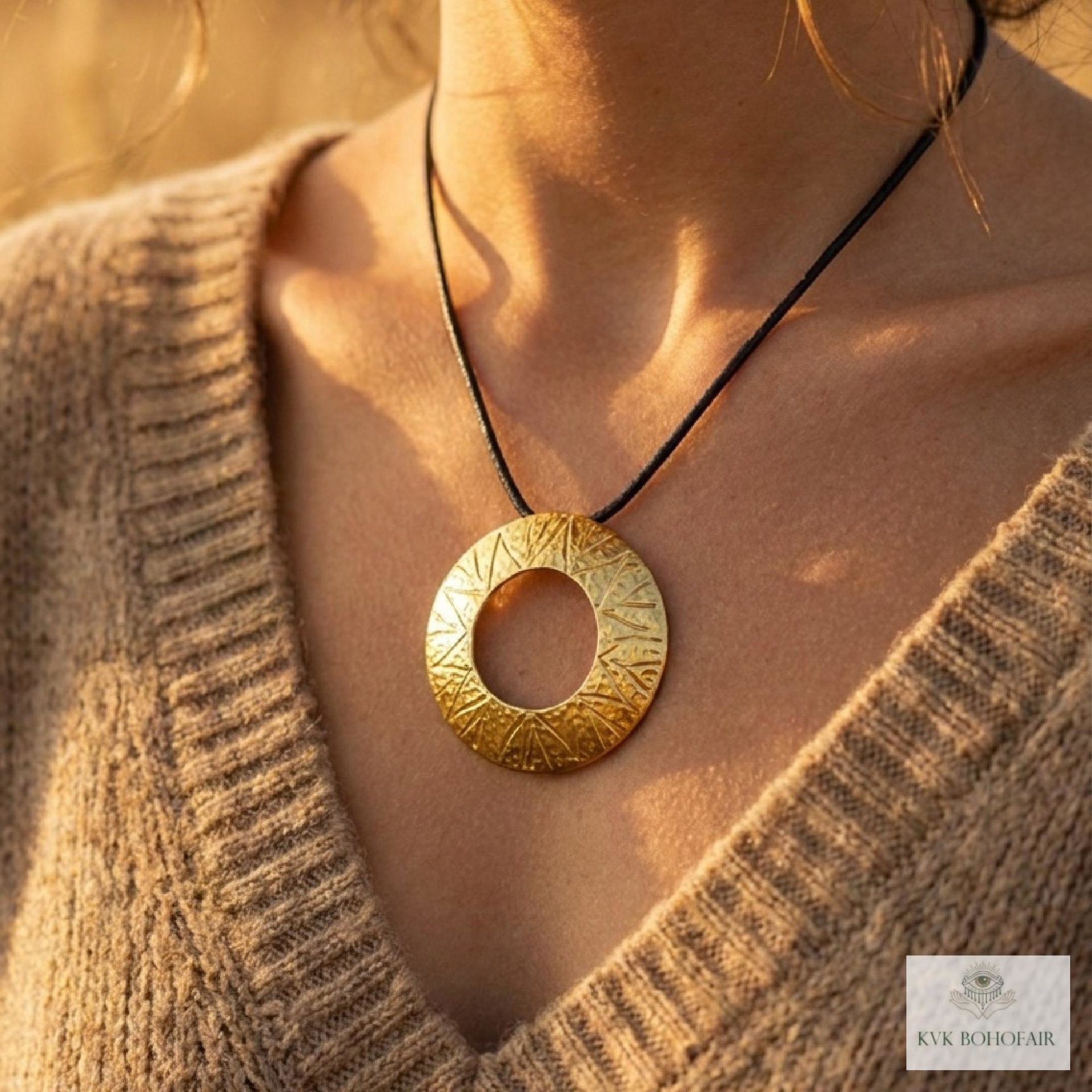 Boho Chic Round Open Ring Brass Statement Pendant - Tie Back Minimalist Choker