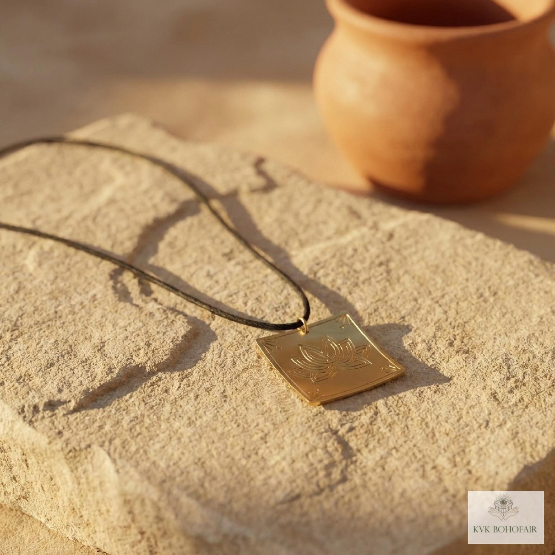 Square Brass Lotus Flower Necklace - Tie Back Minimalist Choker