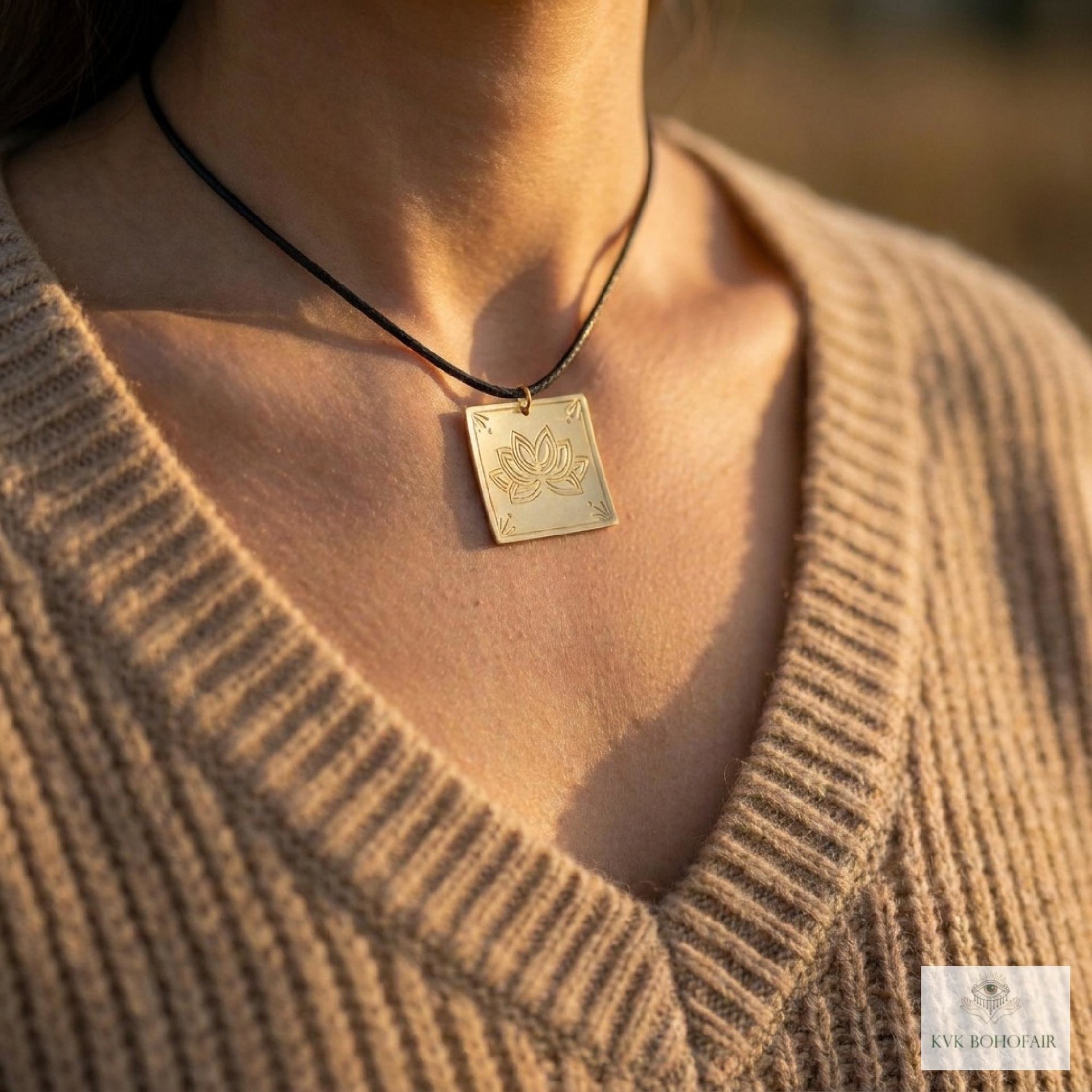 Square Brass Lotus Flower Necklace - Tie Back Minimalist Choker