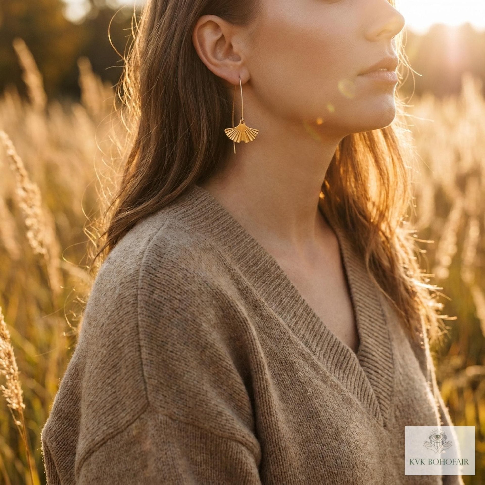 Handcrafted Brass Lotus Flower Drop Threader Earrings - Botanical Leaf Dangles