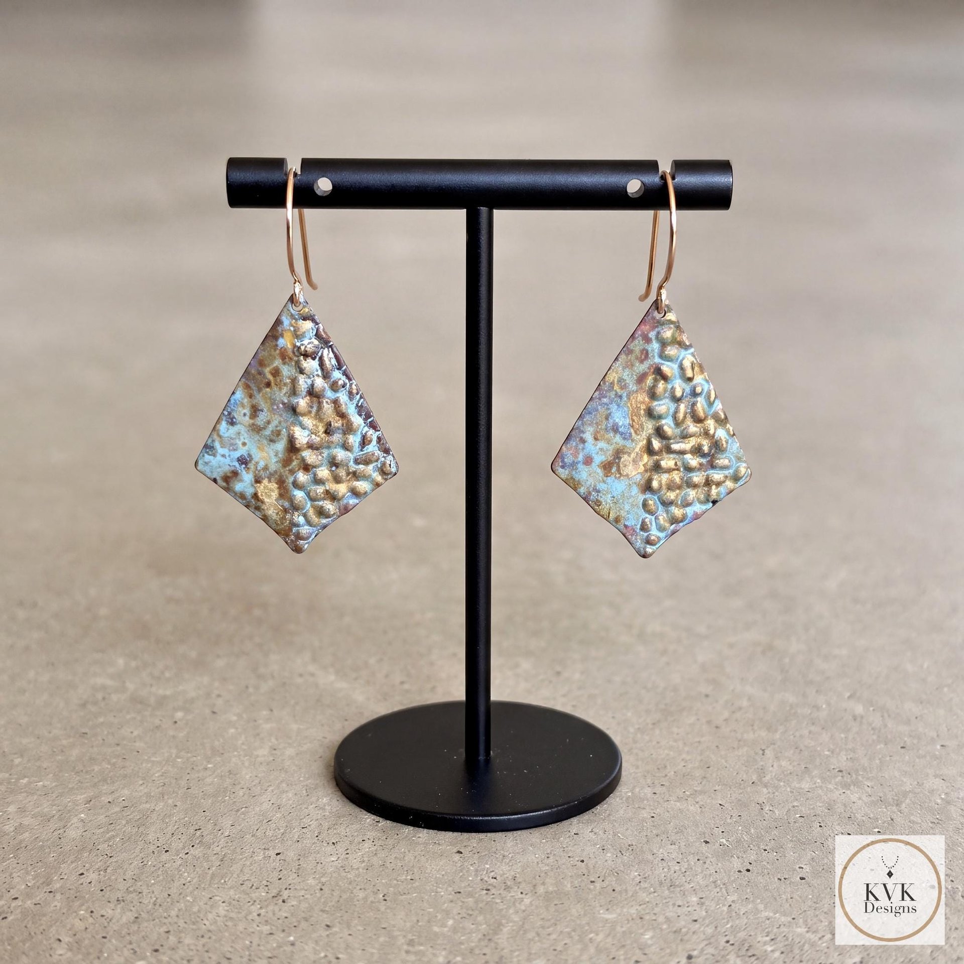 Rustic Patina Dangle Earrings: Textured Diamond Metal Drops, Verdigris Boho Jewelry Gift
