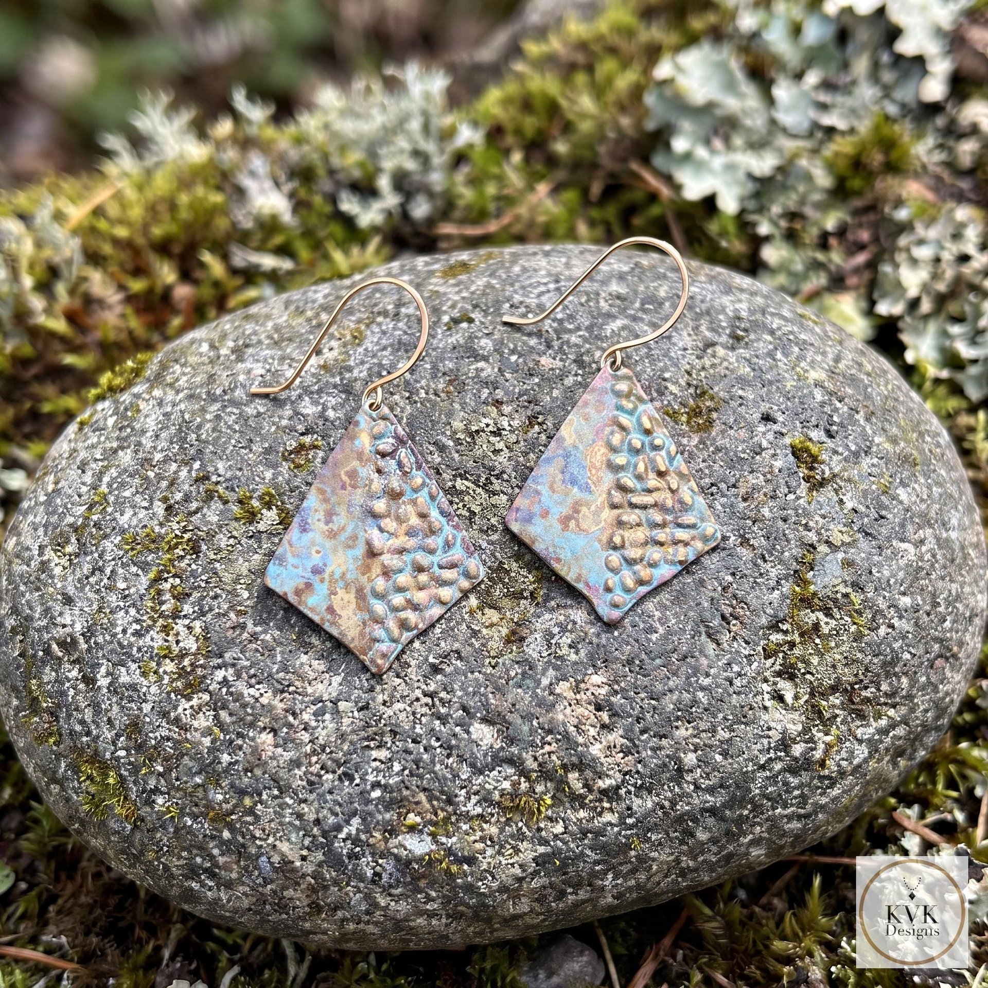 Rustic Patina Dangle Earrings: Textured Diamond Metal Drops, Verdigris Boho Jewelry Gift
