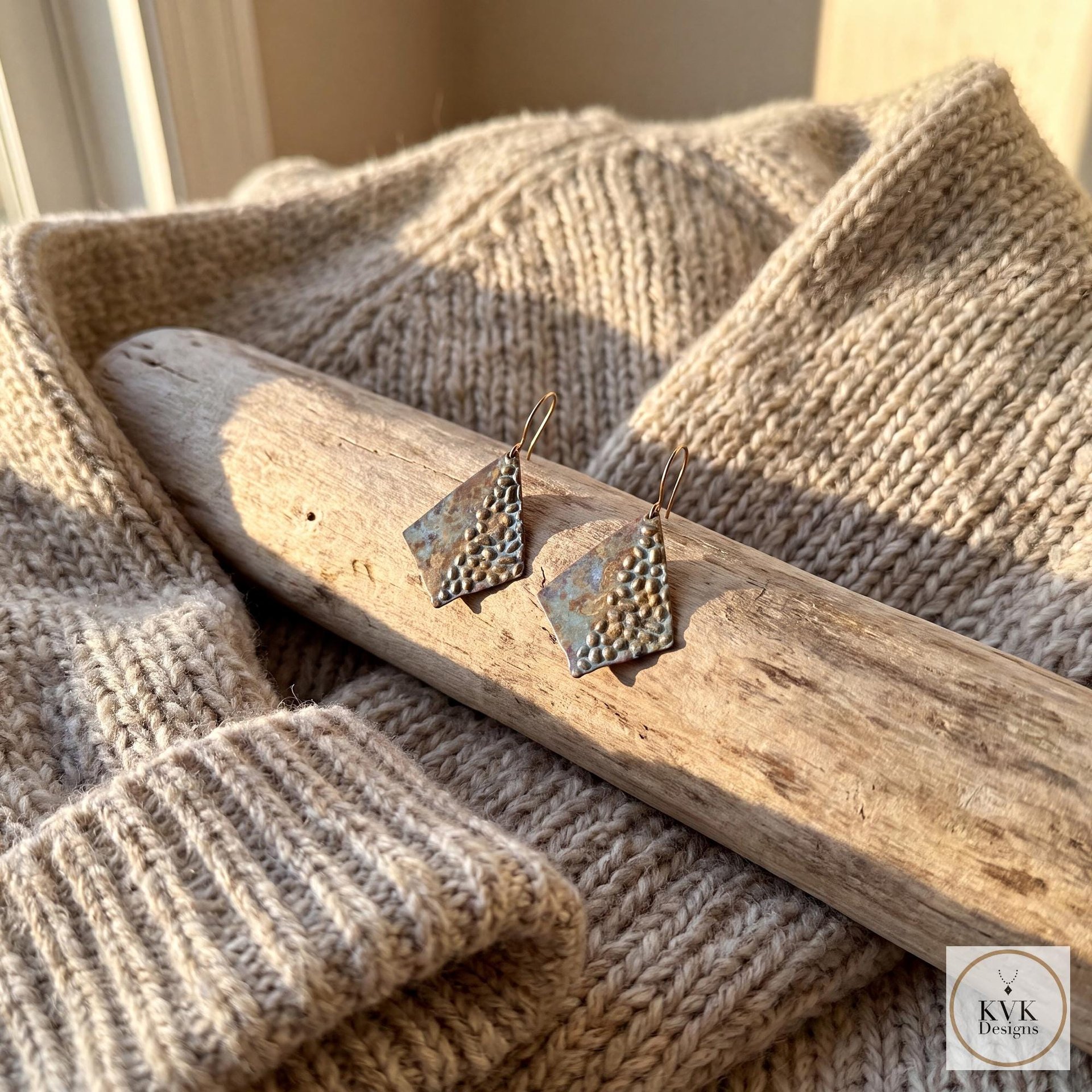 Rustic Patina Dangle Earrings: Textured Diamond Metal Drops, Verdigris Boho Jewelry Gift