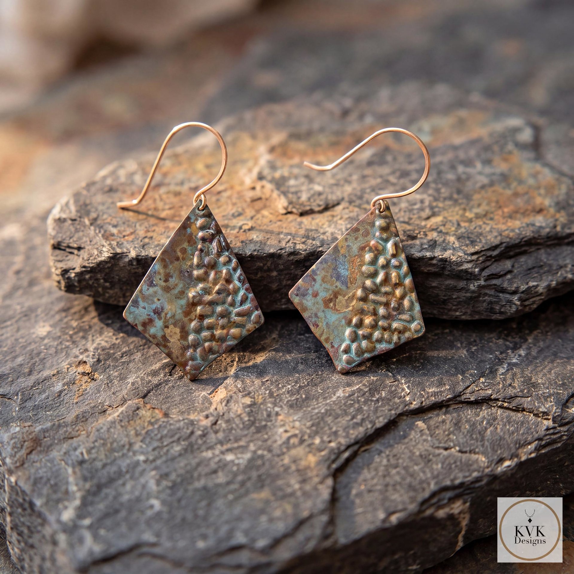 Rustic Patina Dangle Earrings: Textured Diamond Metal Drops, Verdigris Boho Jewelry Gift