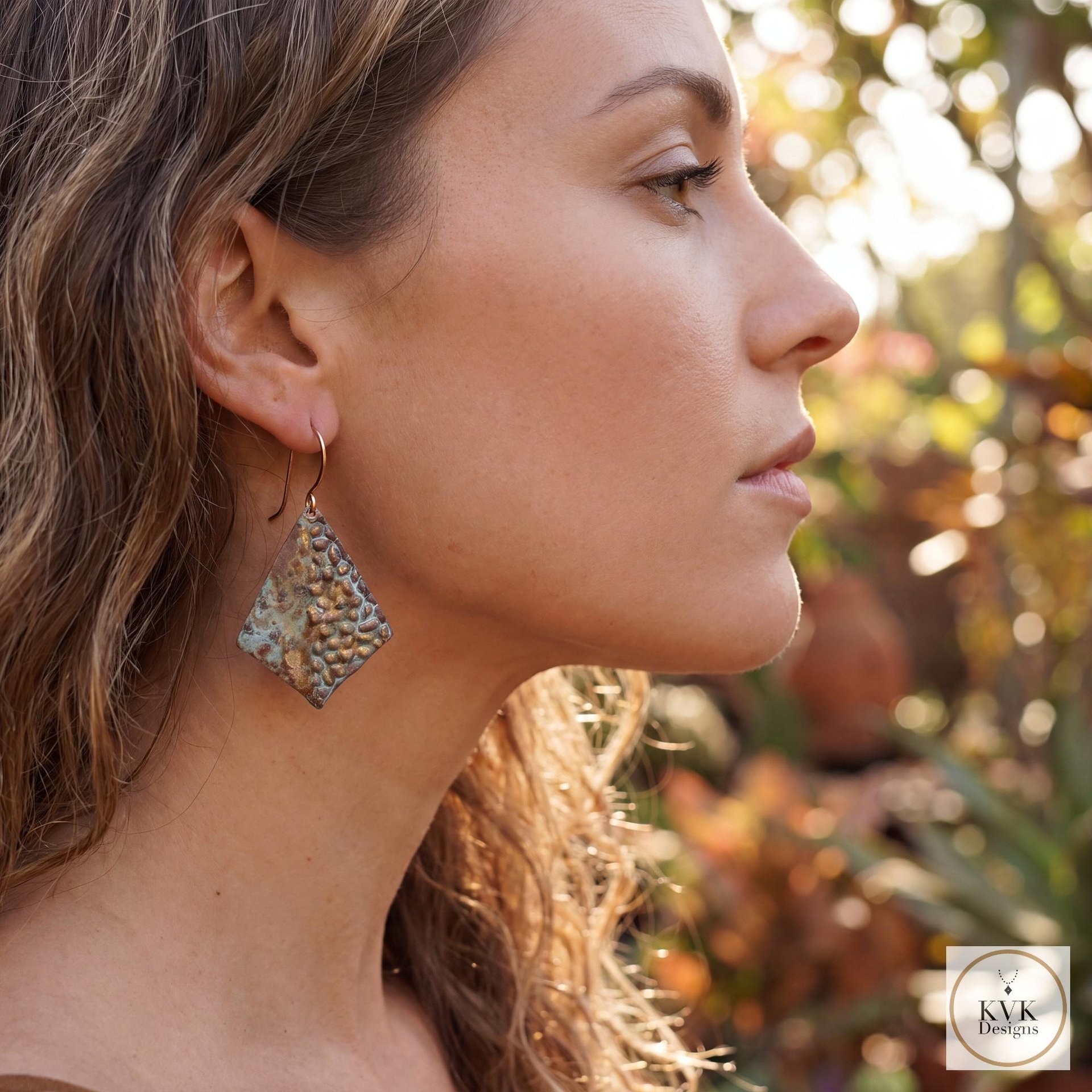 Rustic Patina Dangle Earrings: Textured Diamond Metal Drops, Verdigris Boho Jewelry Gift