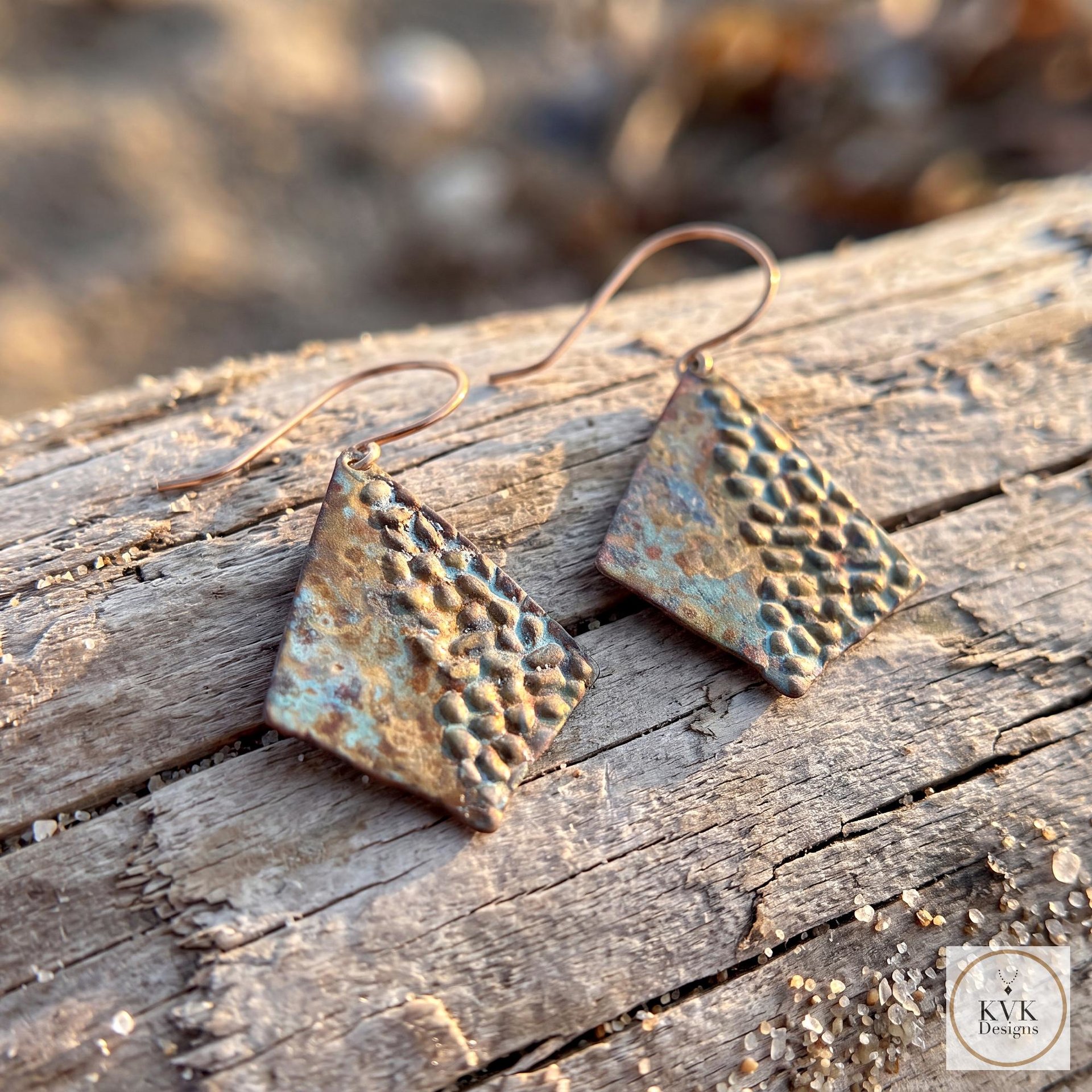 Rustic Patina Dangle Earrings: Textured Diamond Metal Drops, Verdigris Boho Jewelry Gift