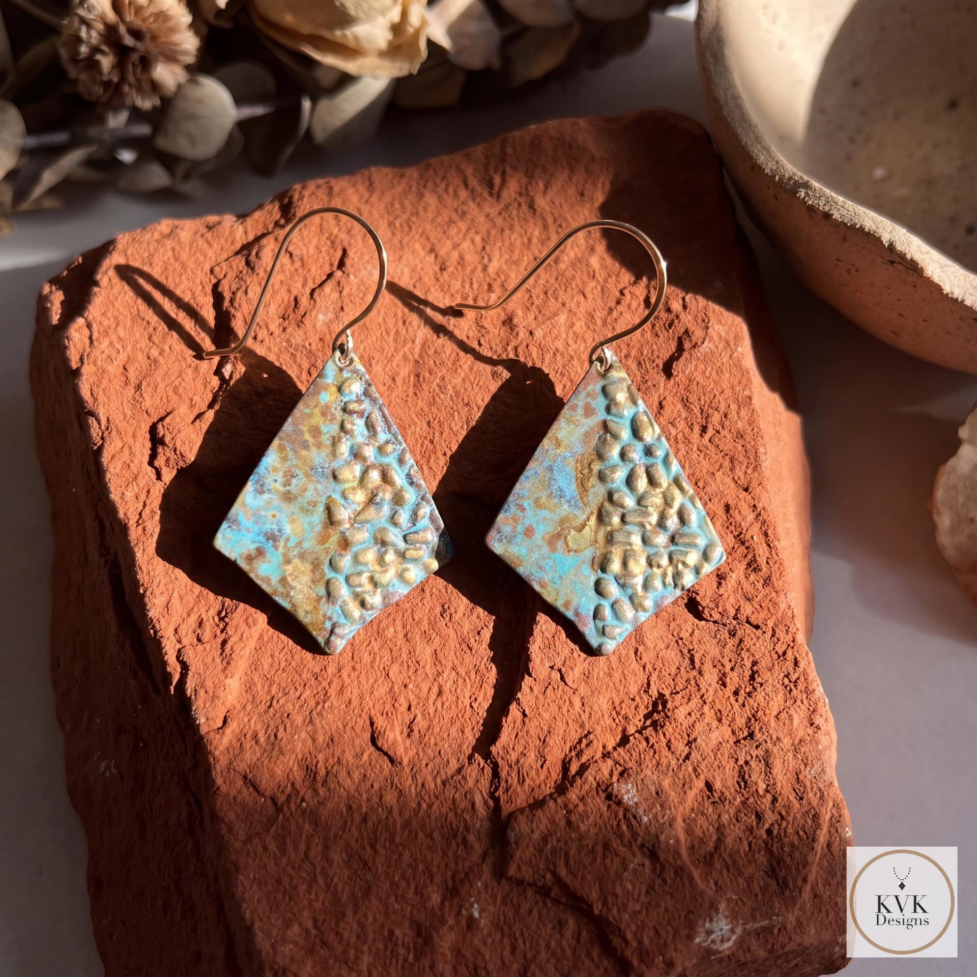 Rustic Patina Dangle Earrings: Textured Diamond Metal Drops, Verdigris Boho Jewelry Gift
