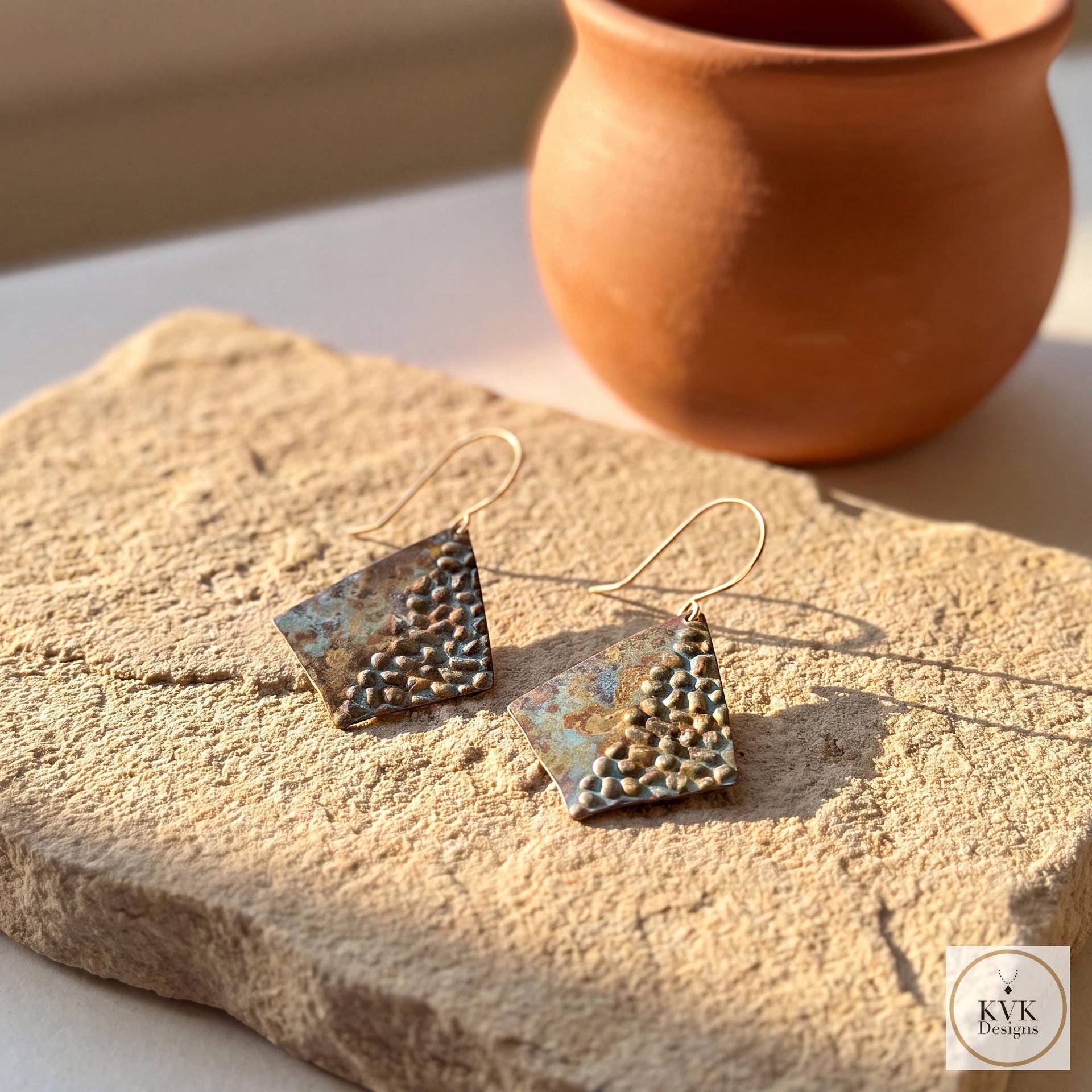 Rustic Patina Dangle Earrings: Textured Diamond Metal Drops, Verdigris Boho Jewelry Gift