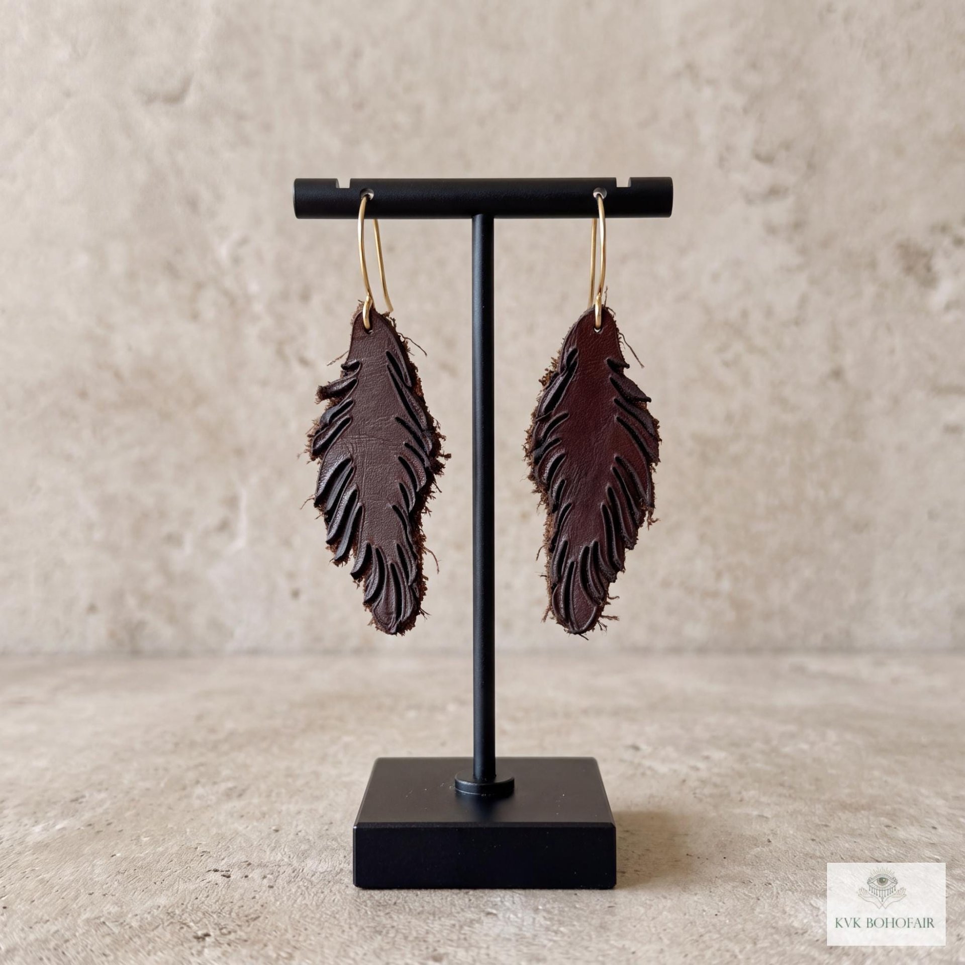Handcrafted Brown Leather Feather Earrings, Lightweight Boho Drop Dangles in Earth Tones