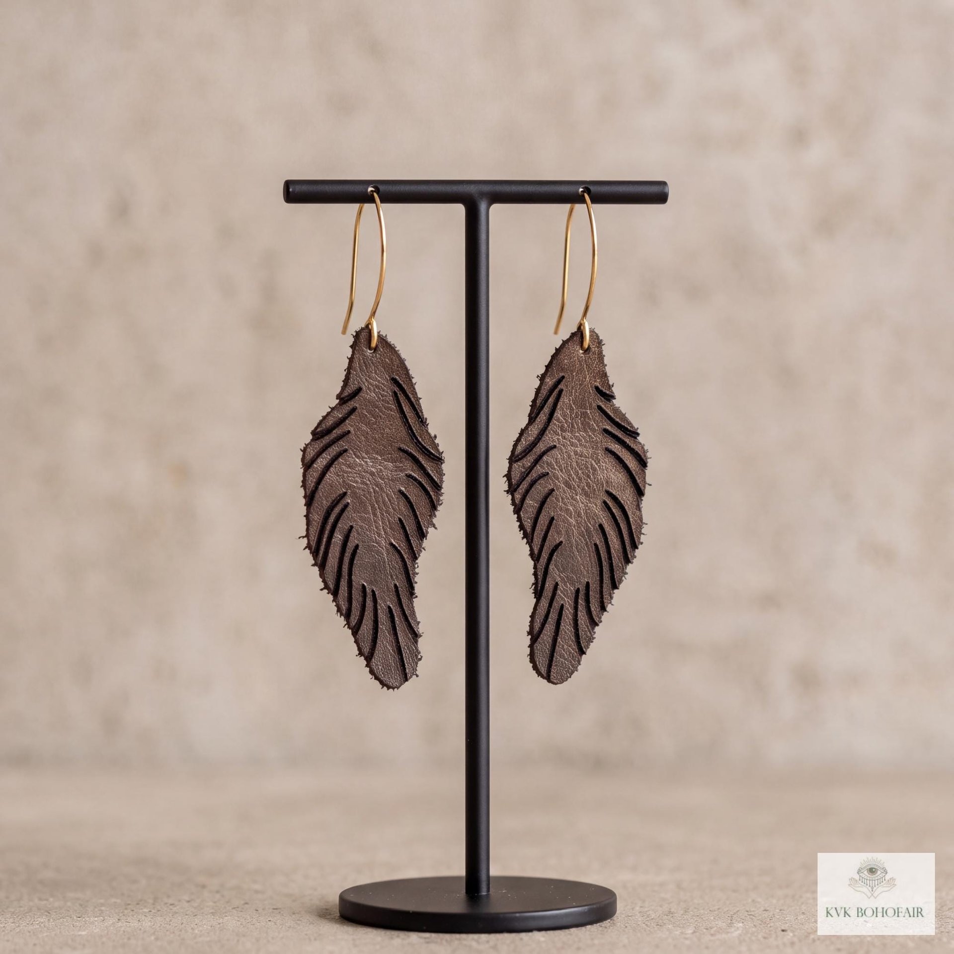 Handcrafted Brown Leather Feather Earrings, Lightweight Boho Drop Dangles in Earth Tones