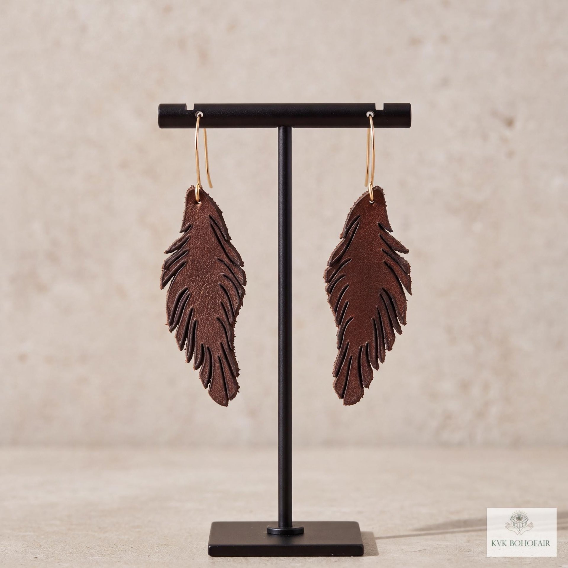 Handcrafted Brown Leather Feather Earrings, Lightweight Boho Drop Dangles in Earth Tones