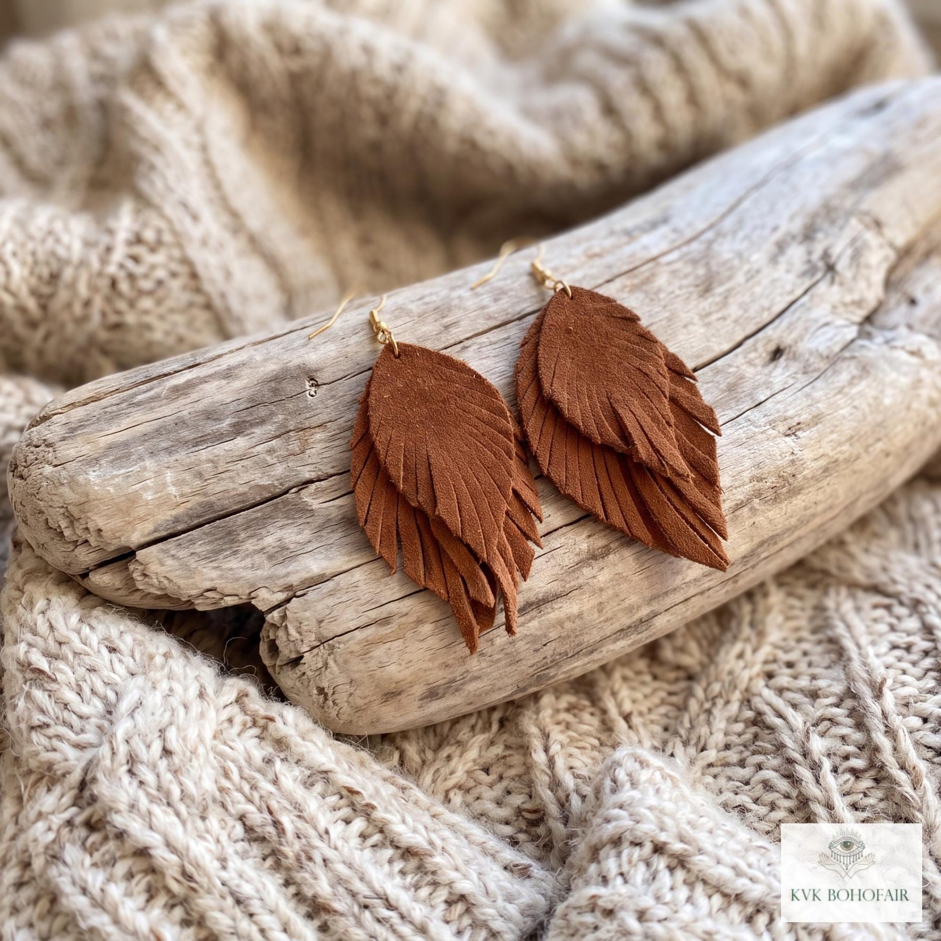 Brown Suede Feather Earrings, Boho Statement Jewelry, Handcrafted Suede Feathers, Gift for Her