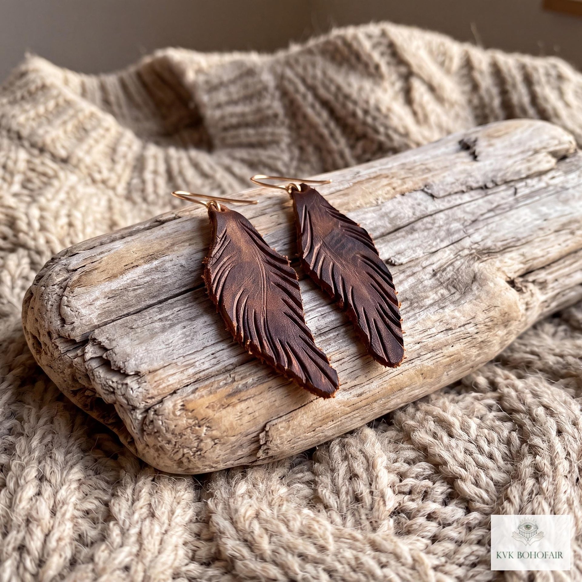 Handcrafted Brown Leather Feather Earrings, Lightweight Boho Drop Dangles in Earth Tones