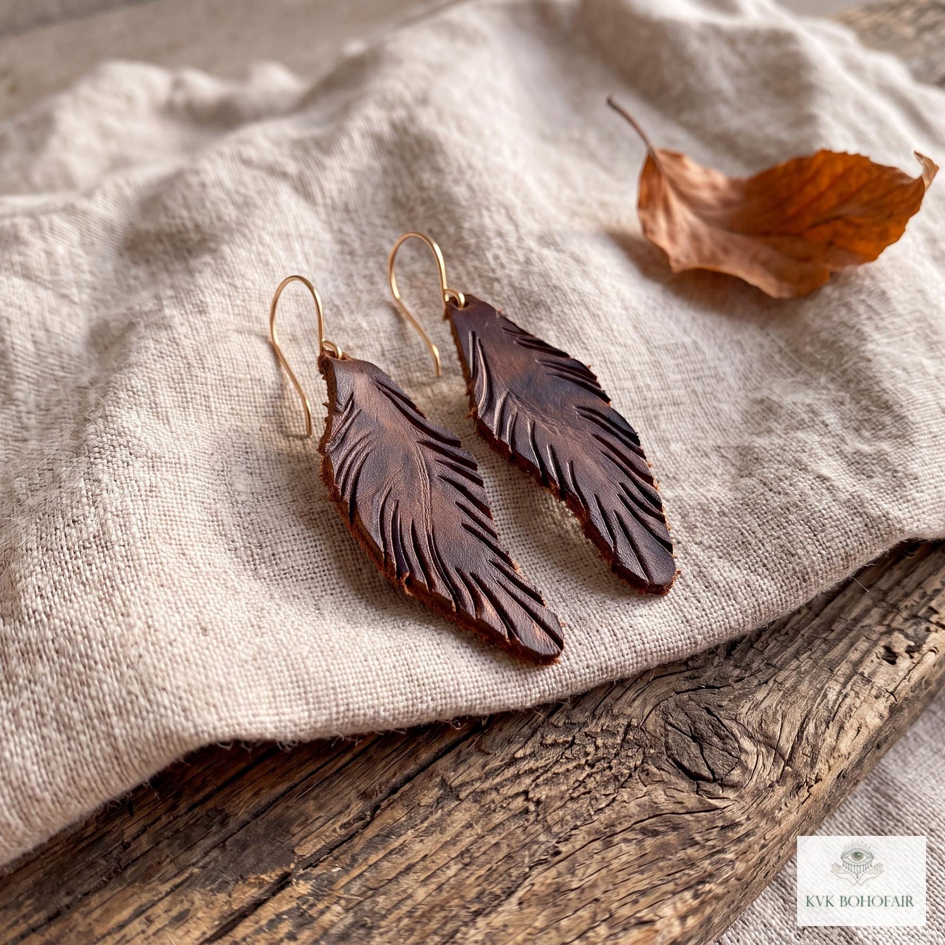 Handcrafted Brown Leather Feather Earrings, Lightweight Boho Drop Dangles in Earth Tones