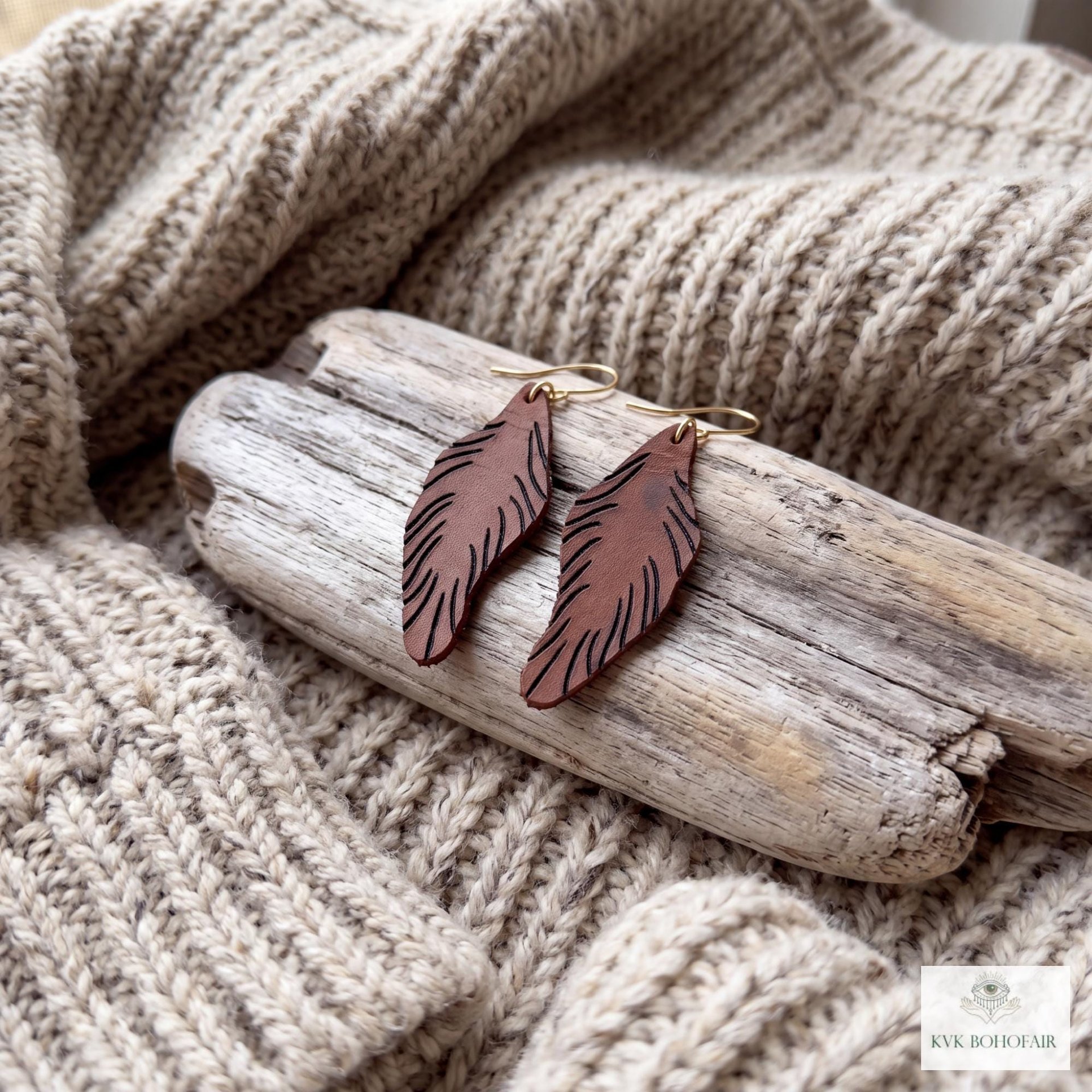 Handcrafted Brown Leather Feather Earrings, Lightweight Boho Drop Dangles in Earth Tones