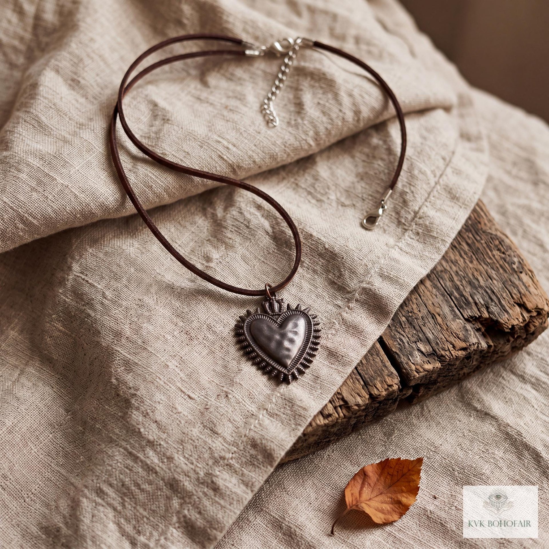 Mexican Milagro Sacred Heart Necklace, Antique Bronze Corazon Pendant on Brown Suede Cord