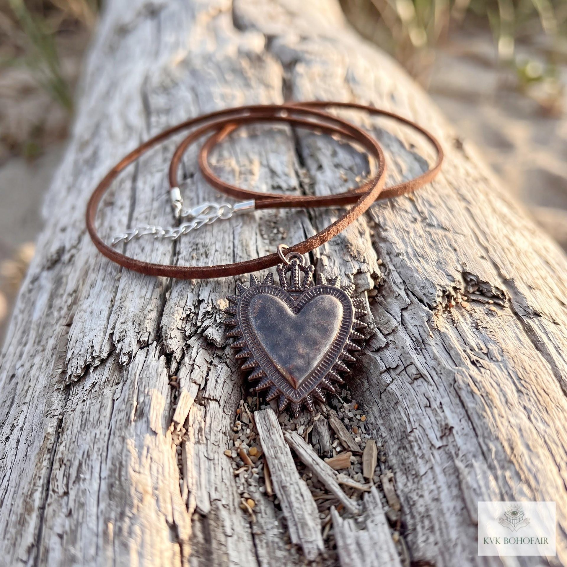 Mexican Milagro Sacred Heart Necklace, Antique Bronze Corazon Pendant on Brown Suede Cord