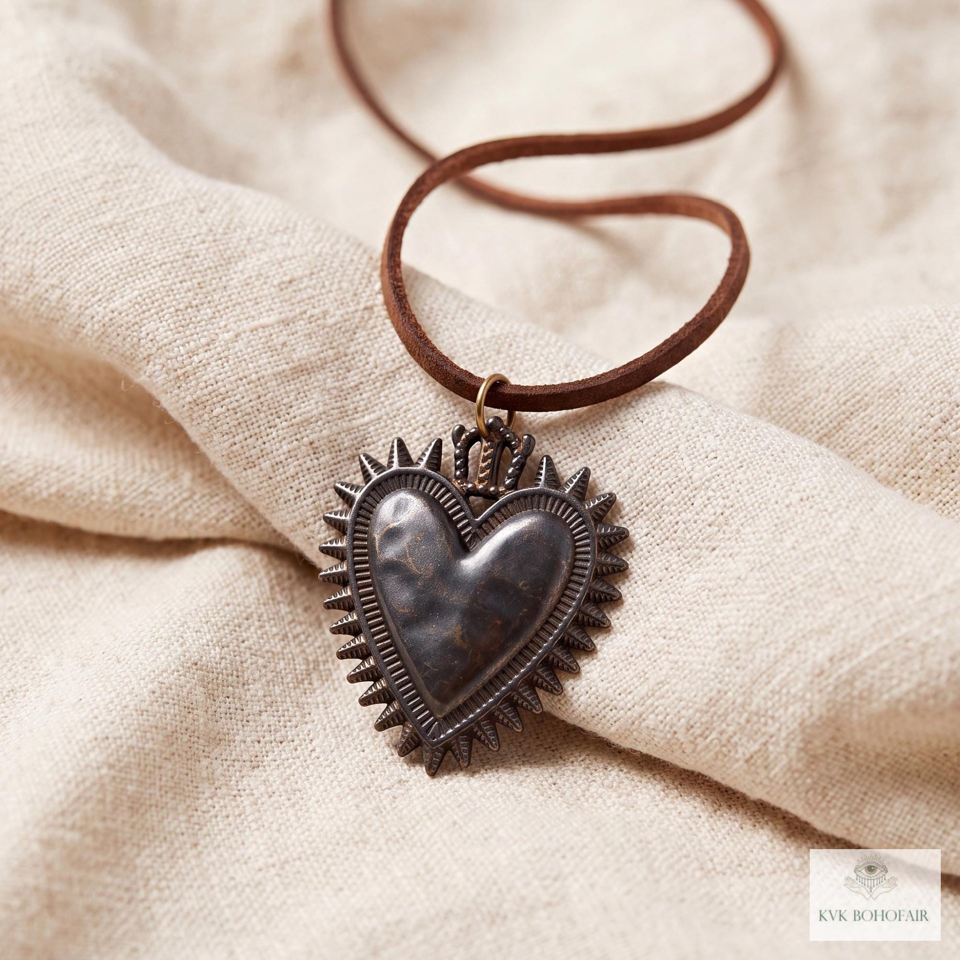 Mexican Milagro Sacred Heart Necklace, Antique Bronze Corazon Pendant on Brown Suede Cord