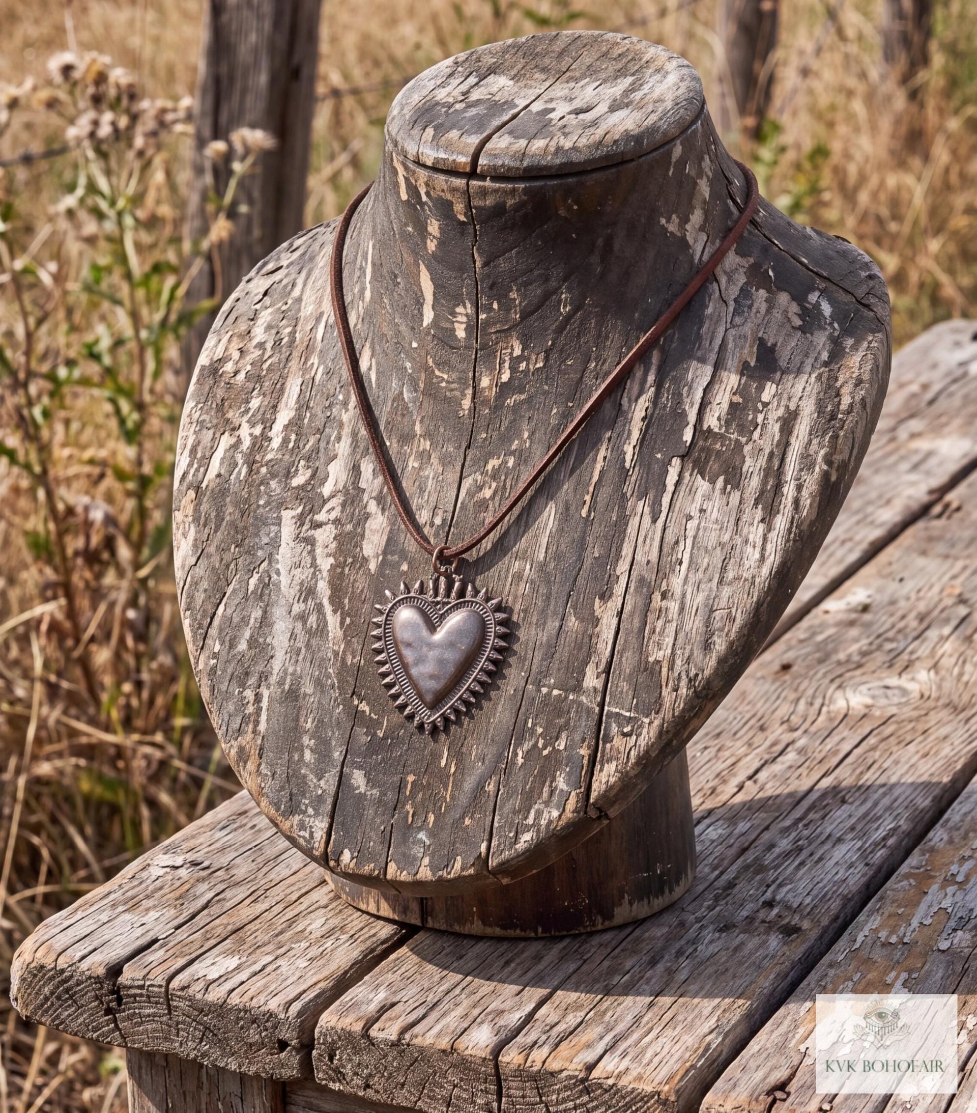 Mexican Milagro Sacred Heart Necklace, Antique Bronze Corazon Pendant on Brown Suede Cord