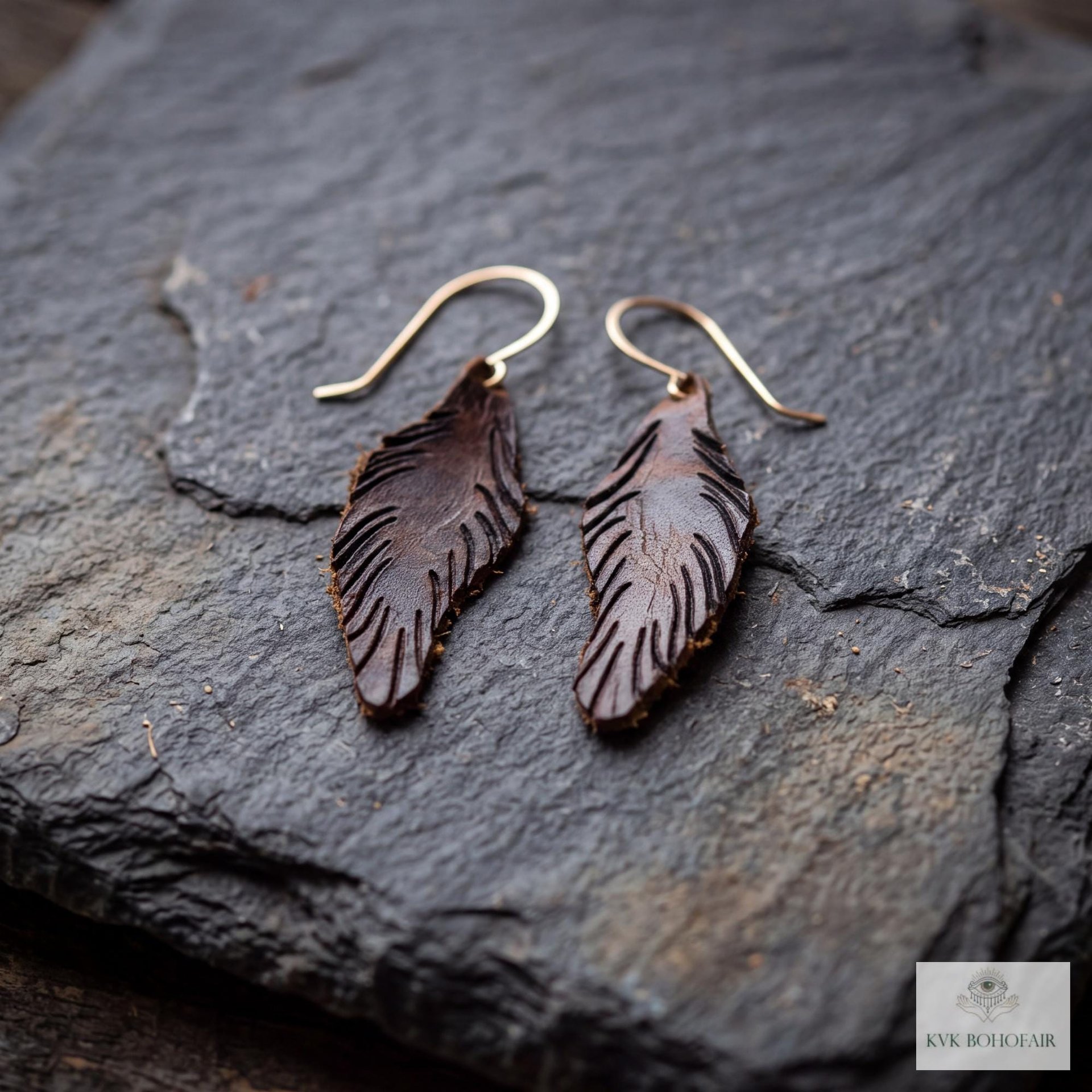 Handcrafted Brown Leather Feather Earrings, Lightweight Boho Drop Dangles in Earth Tones