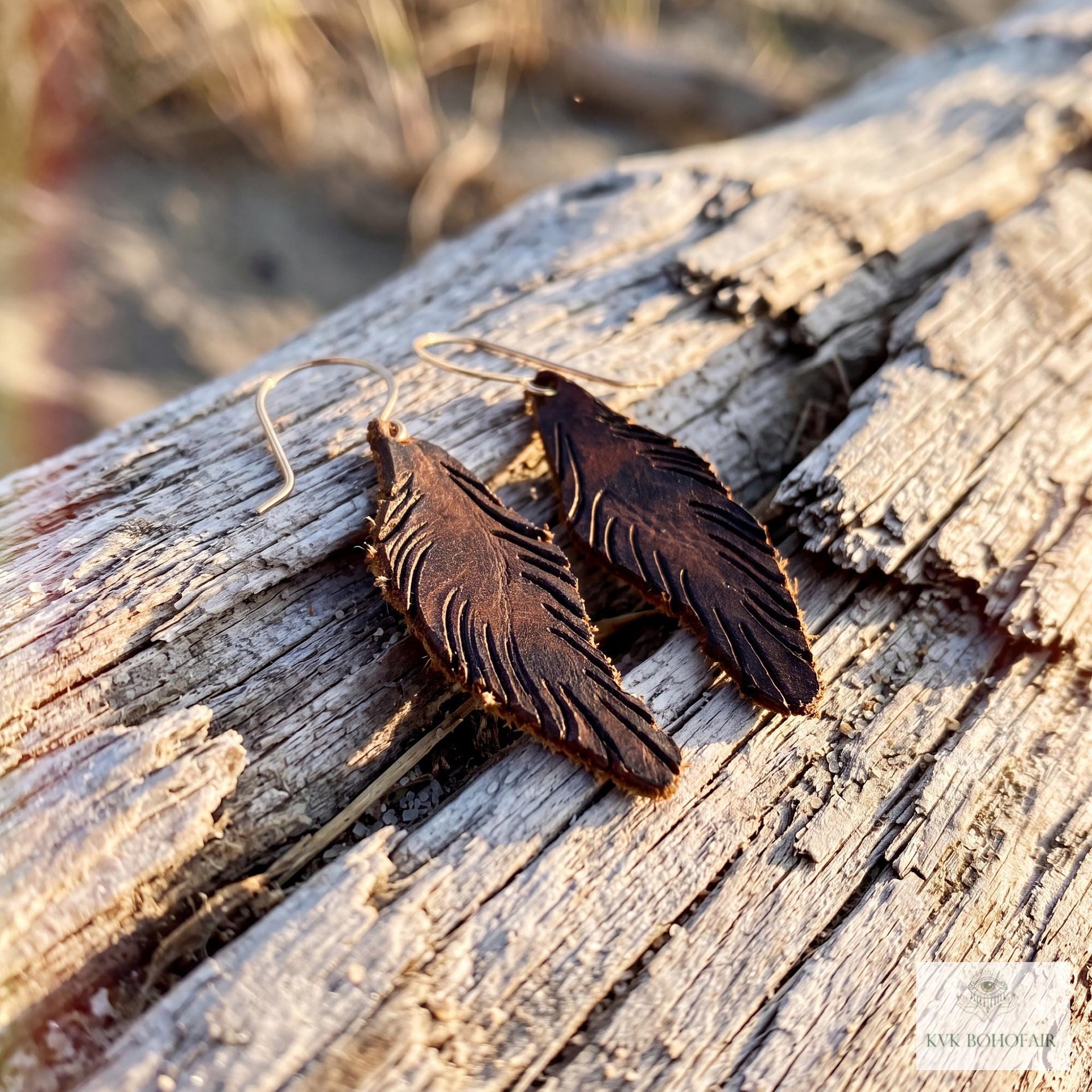 Handcrafted Brown Leather Feather Earrings, Lightweight Boho Drop Dangles in Earth Tones