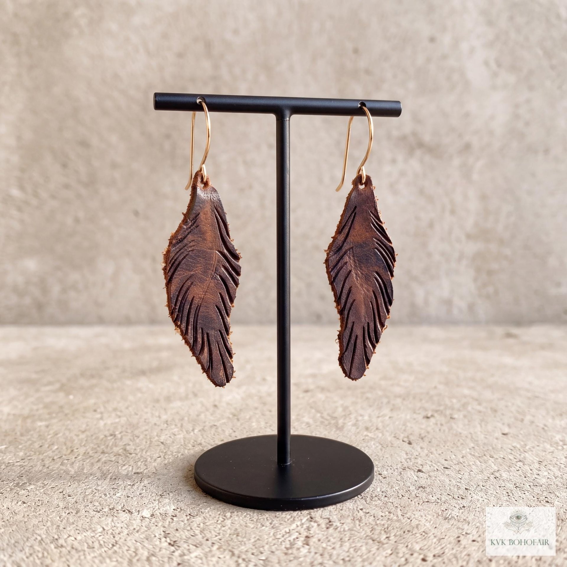 Handcrafted Brown Leather Feather Earrings, Lightweight Boho Drop Dangles in Earth Tones