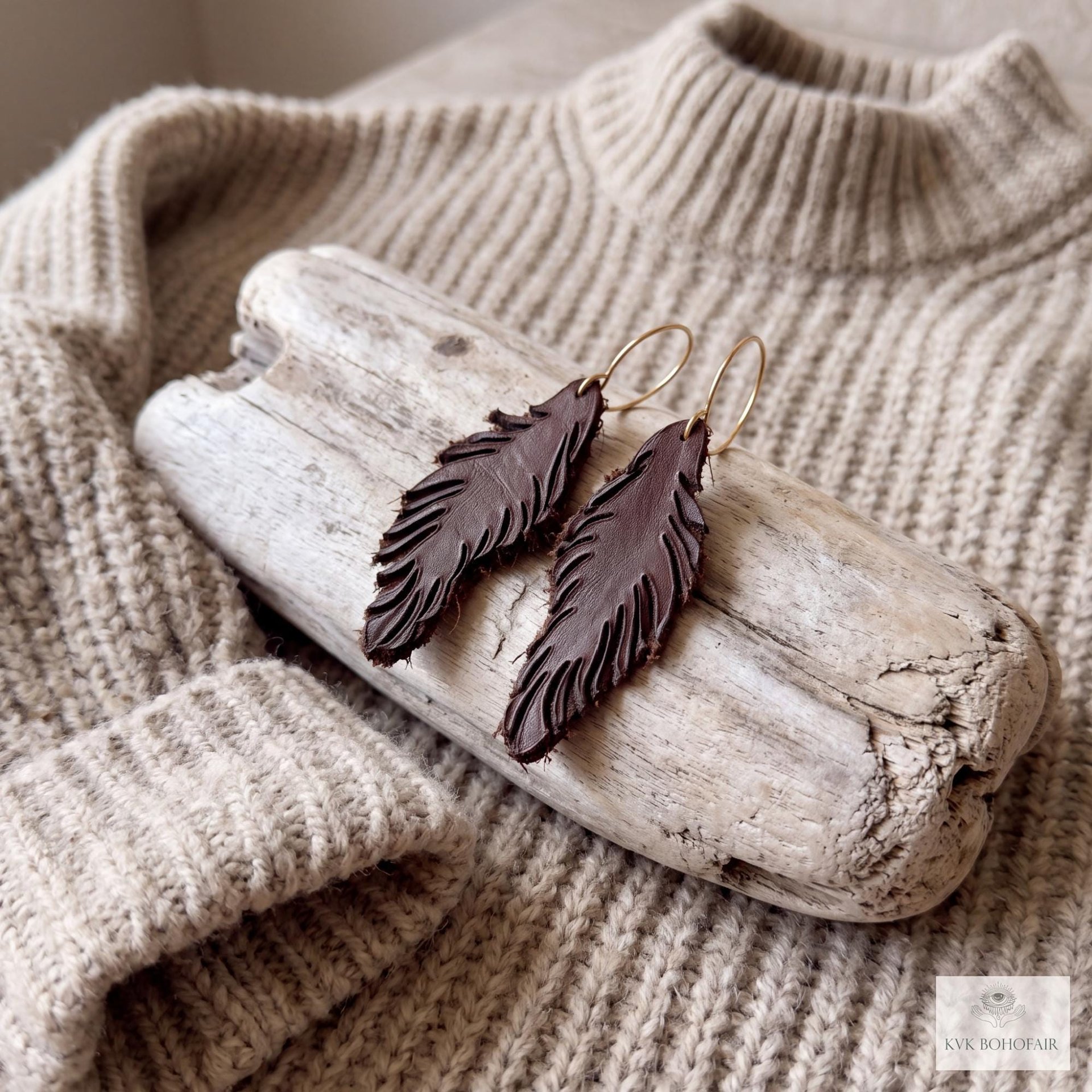 Handcrafted Brown Leather Feather Earrings, Lightweight Boho Drop Dangles in Earth Tones