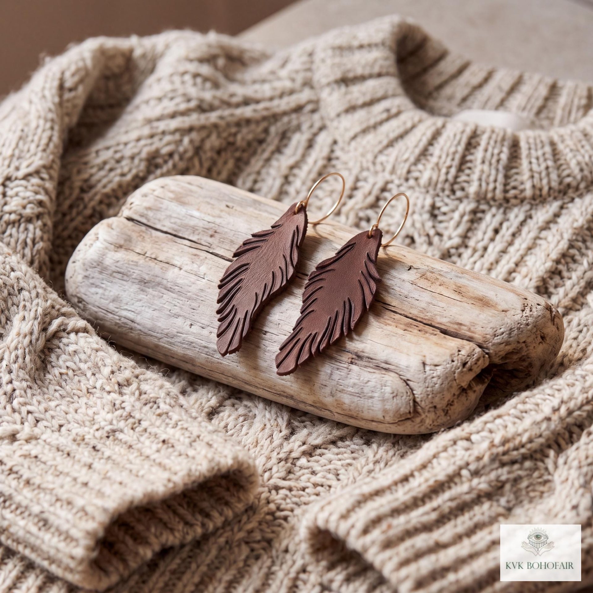 Handcrafted Brown Leather Feather Earrings, Lightweight Boho Drop Dangles in Earth Tones