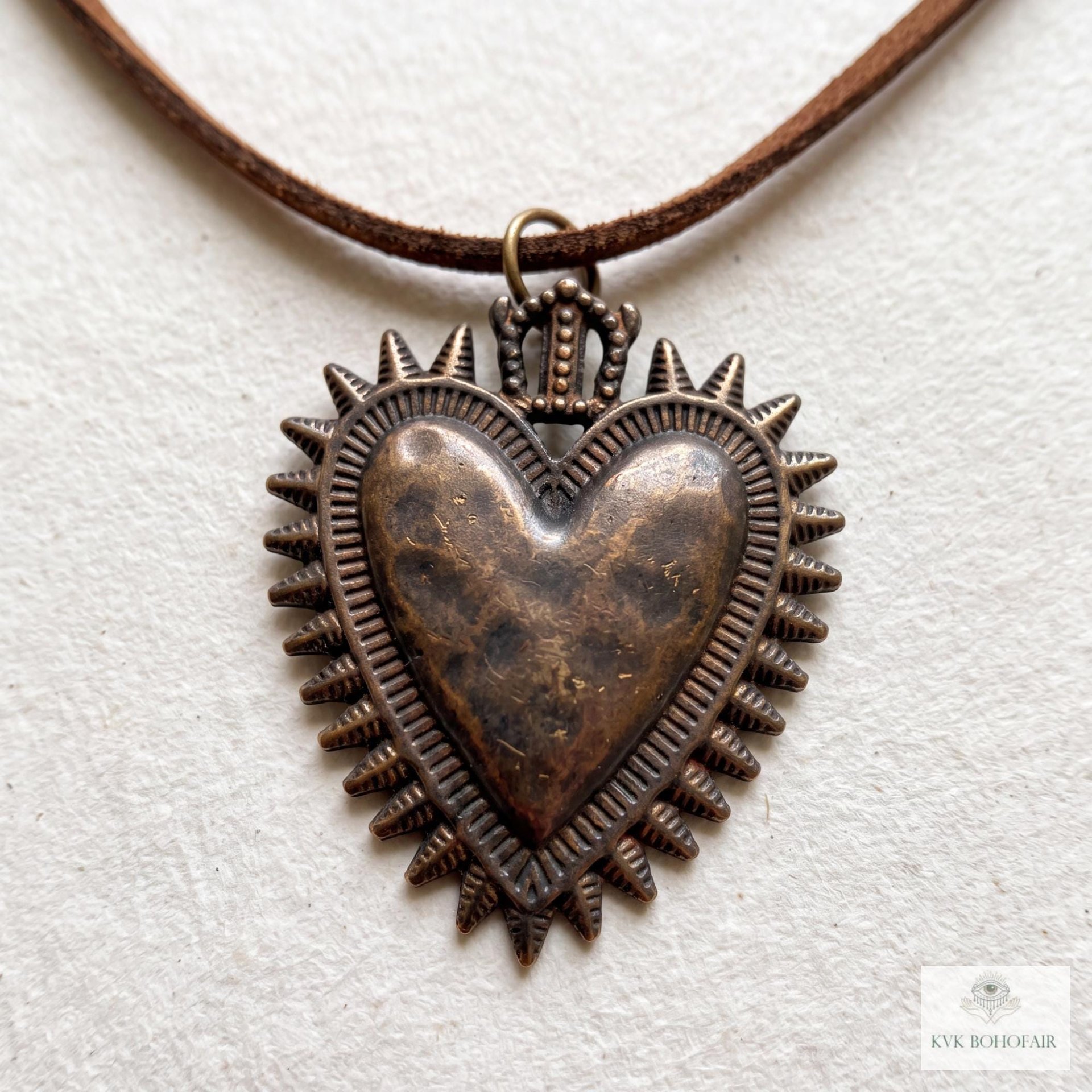 Mexican Milagro Sacred Heart Necklace, Antique Bronze Corazon Pendant on Brown Suede Cord