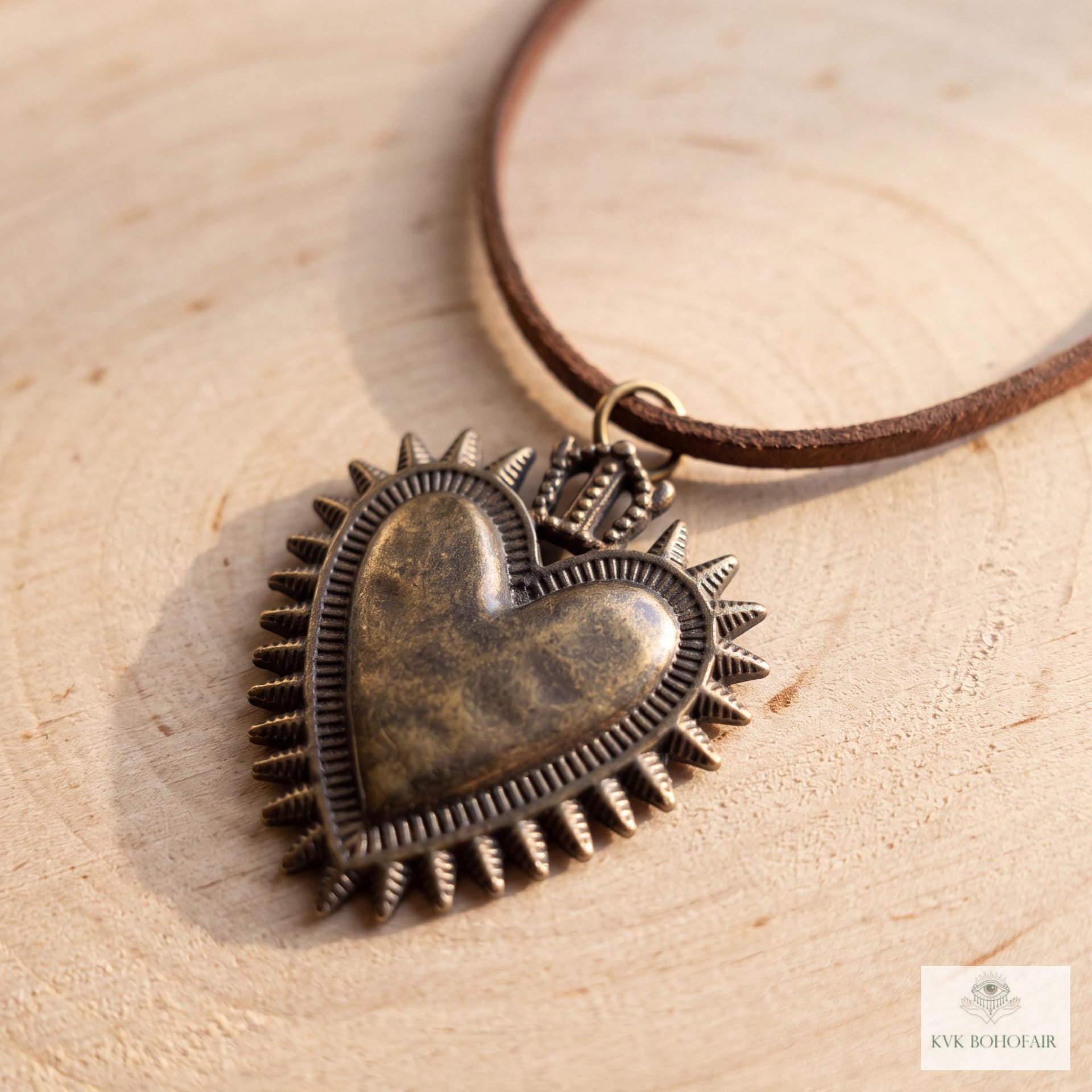 Mexican Milagro Sacred Heart Necklace, Antique Bronze Corazon Pendant on Brown Suede Cord