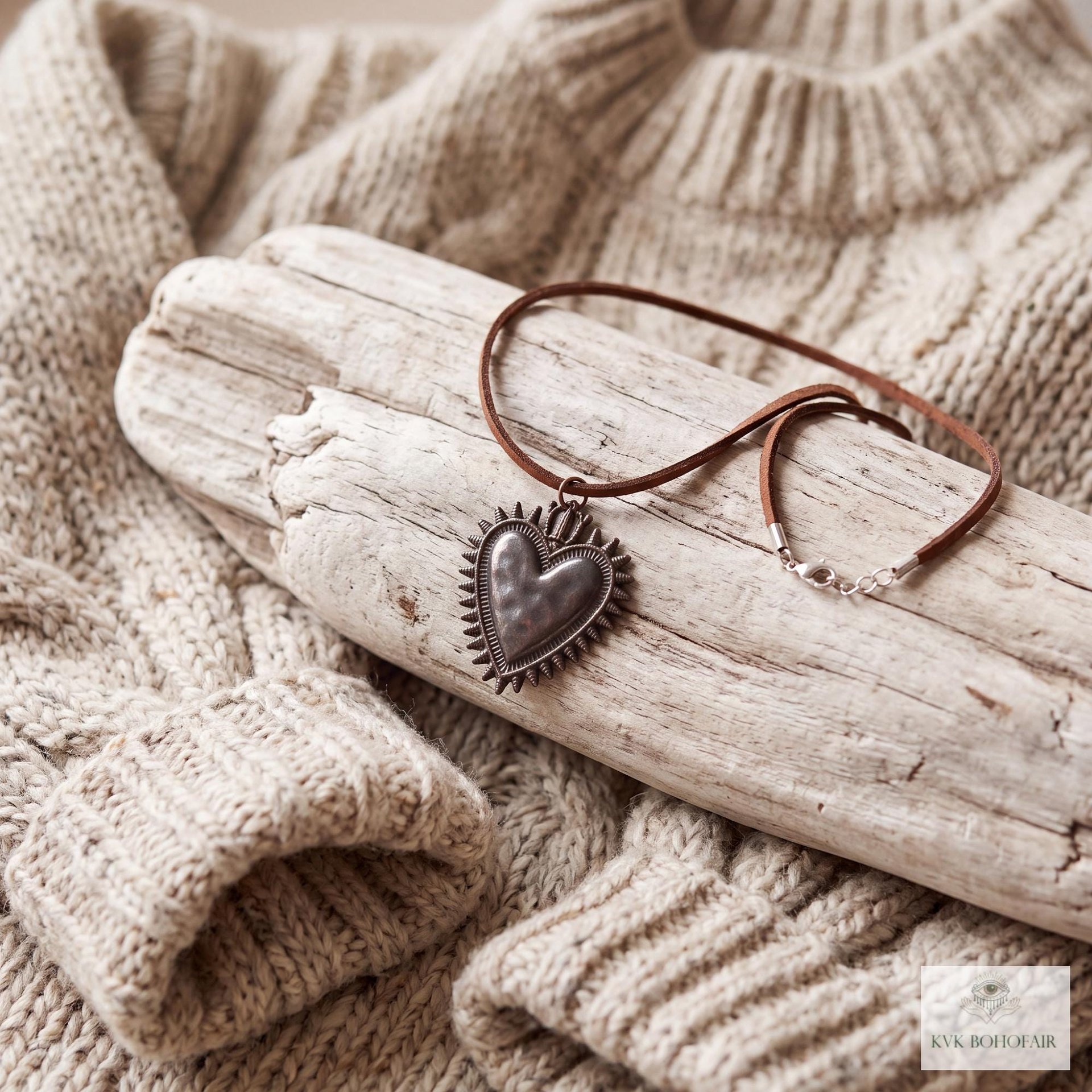 Mexican Milagro Sacred Heart Necklace, Antique Bronze Corazon Pendant on Brown Suede Cord