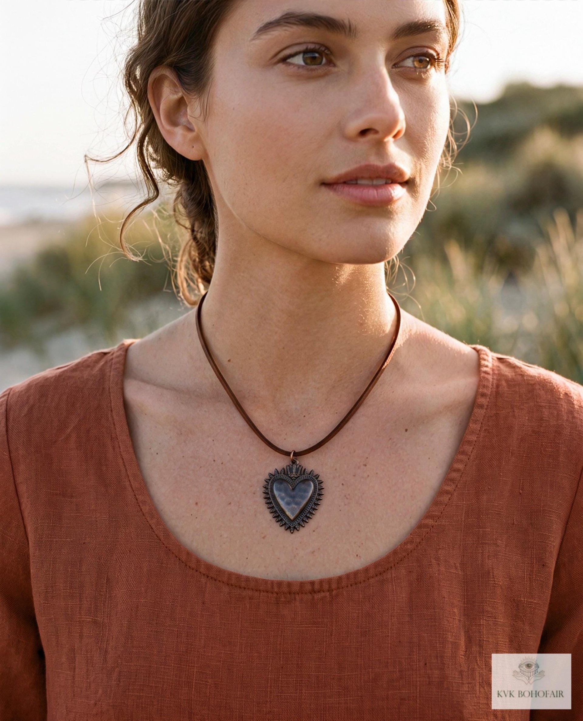 Mexican Milagro Sacred Heart Necklace, Antique Bronze Corazon Pendant on Brown Suede Cord