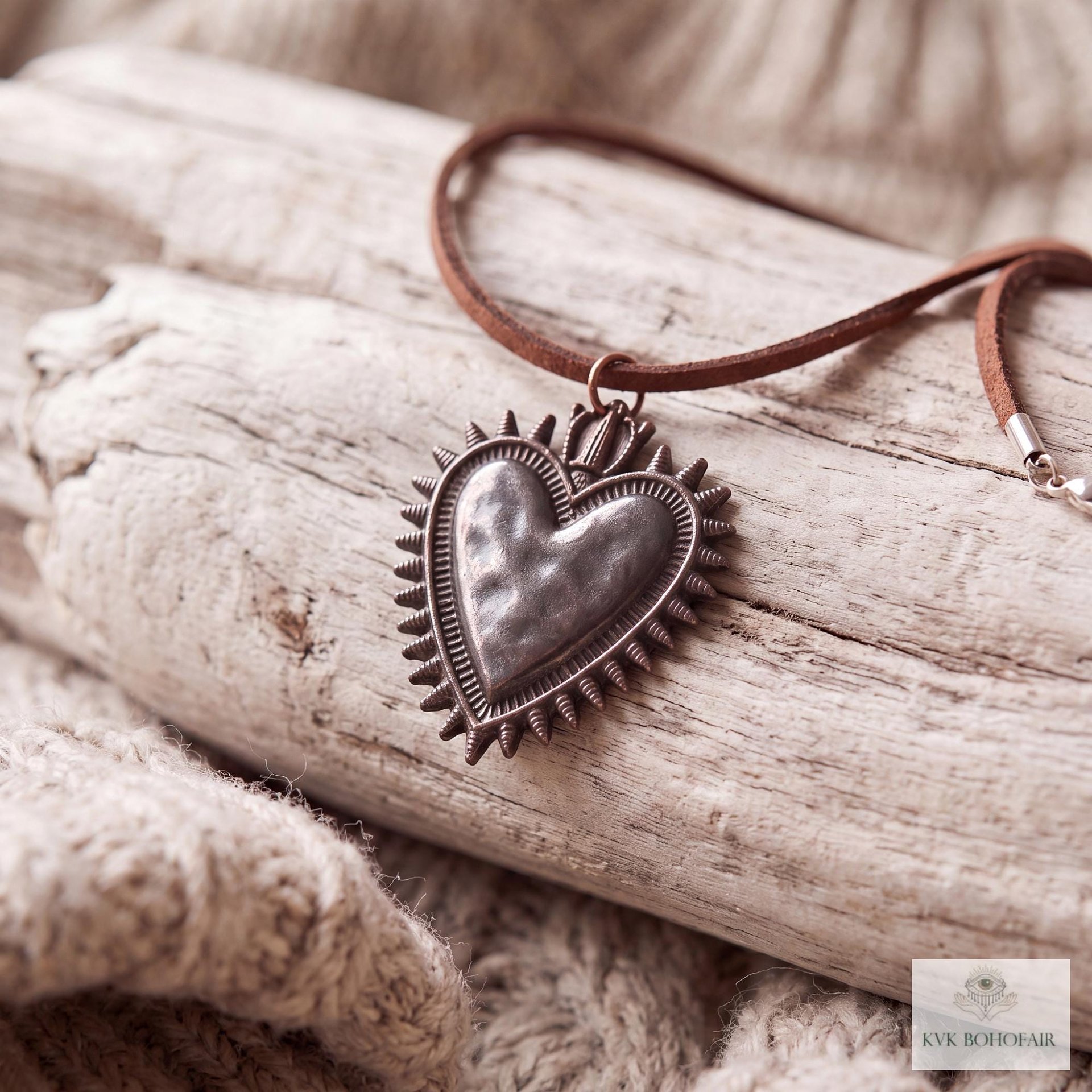 Mexican Milagro Sacred Heart Necklace, Antique Bronze Corazon Pendant on Brown Suede Cord
