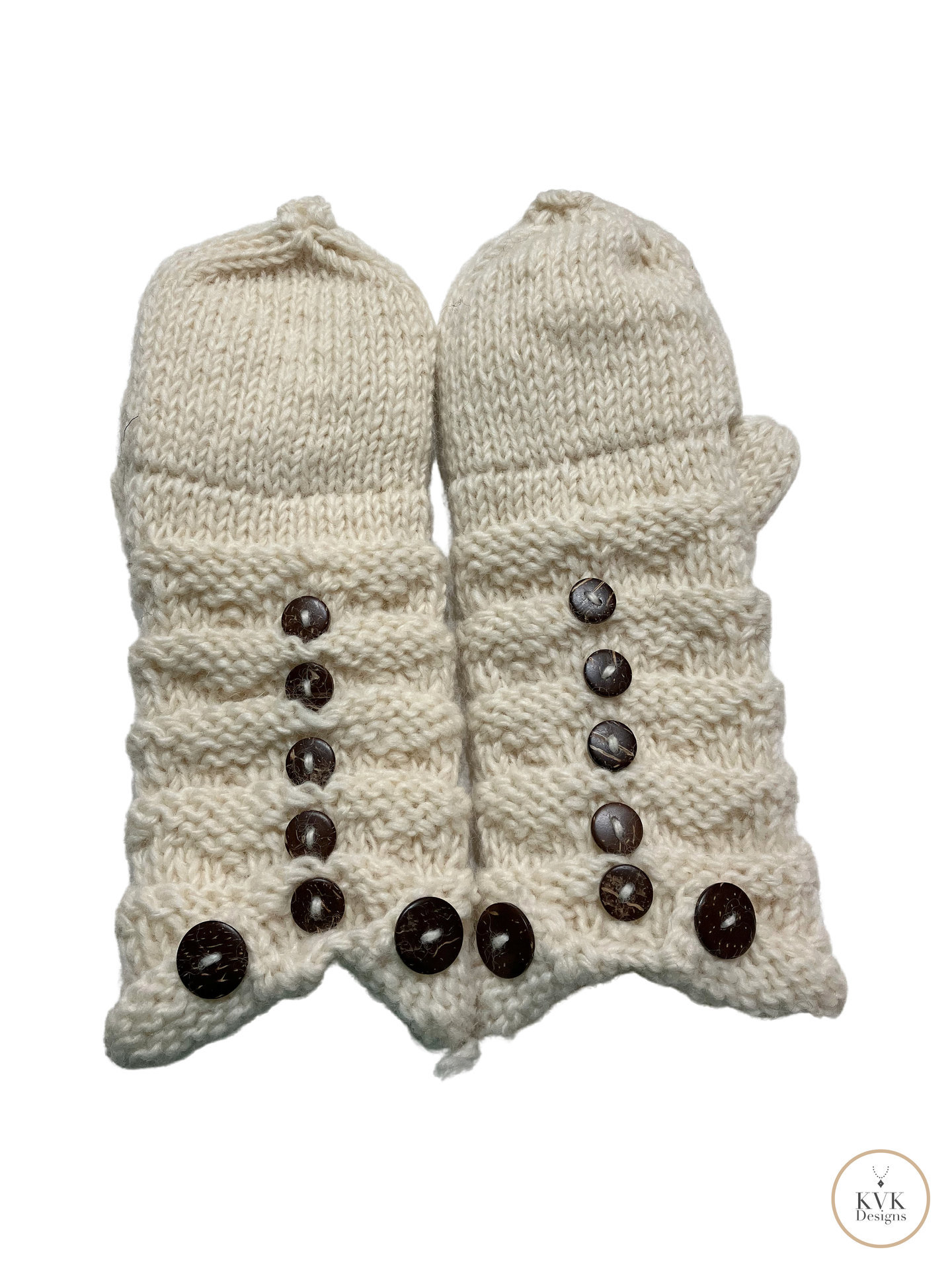 Hand-Knit Off White Wool Mittens with Wooden Buttons - Convertible Fingerless Gloves