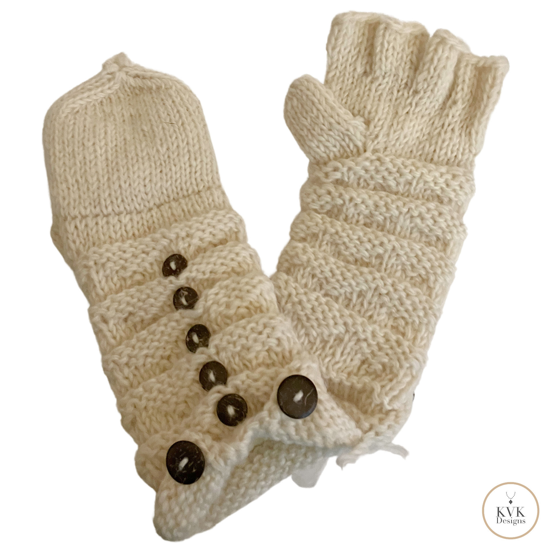 Hand-Knit Off White Wool Mittens with Wooden Buttons - Convertible Fingerless Gloves