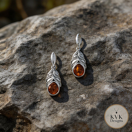 Oxidized Amber Feather Earrings