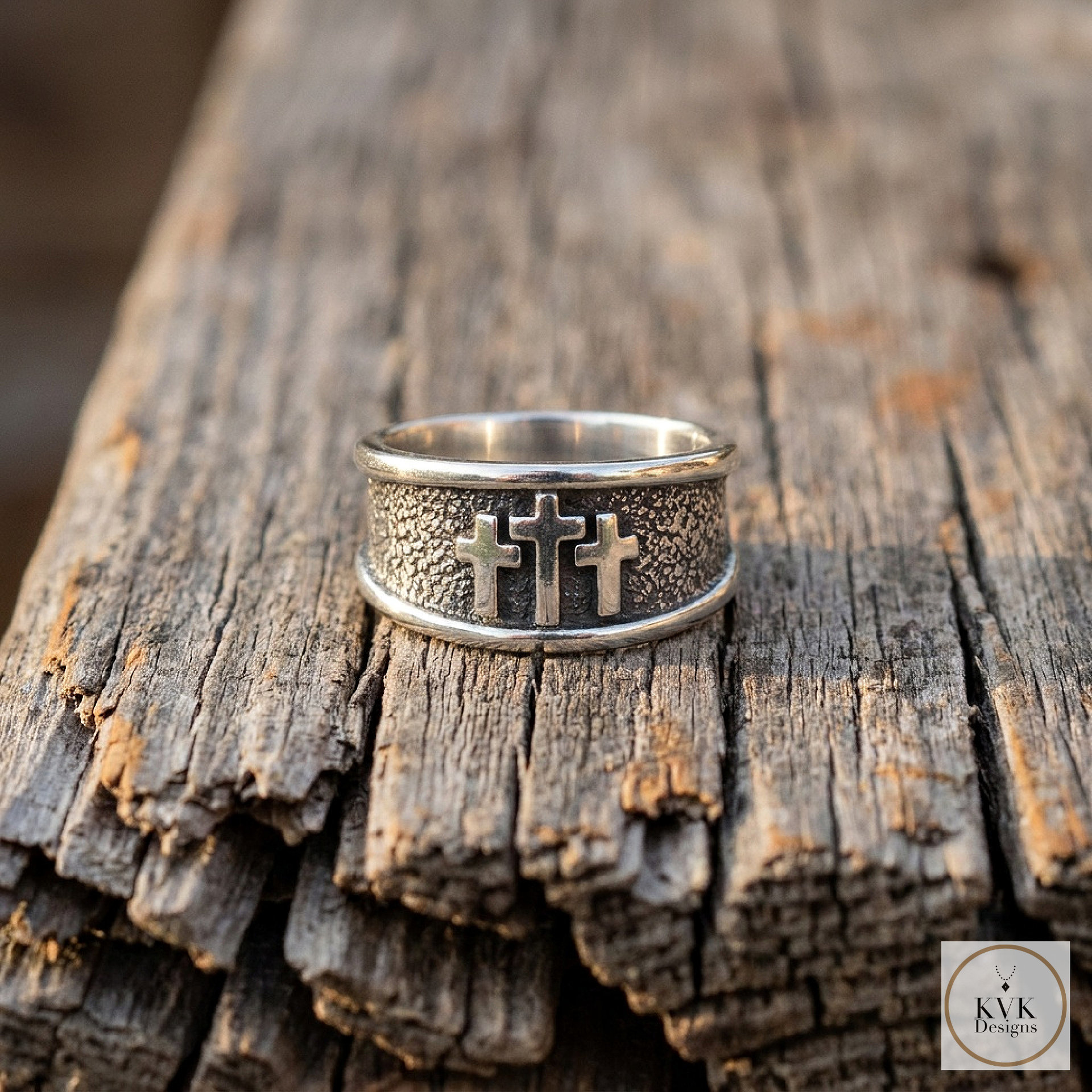  Oxidized Sterling Silver Three Cross Ring