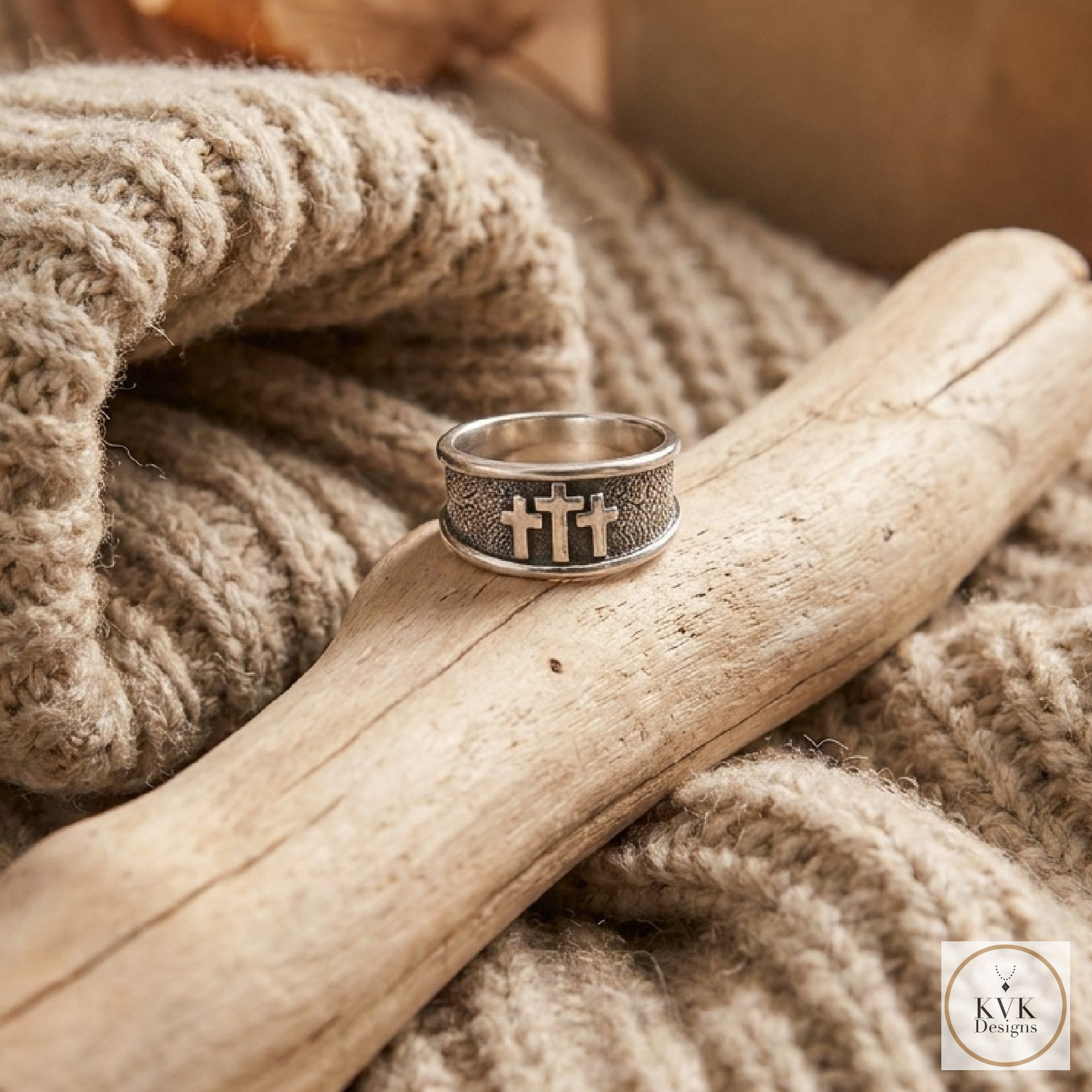  Oxidized Sterling Silver Three Cross Ring