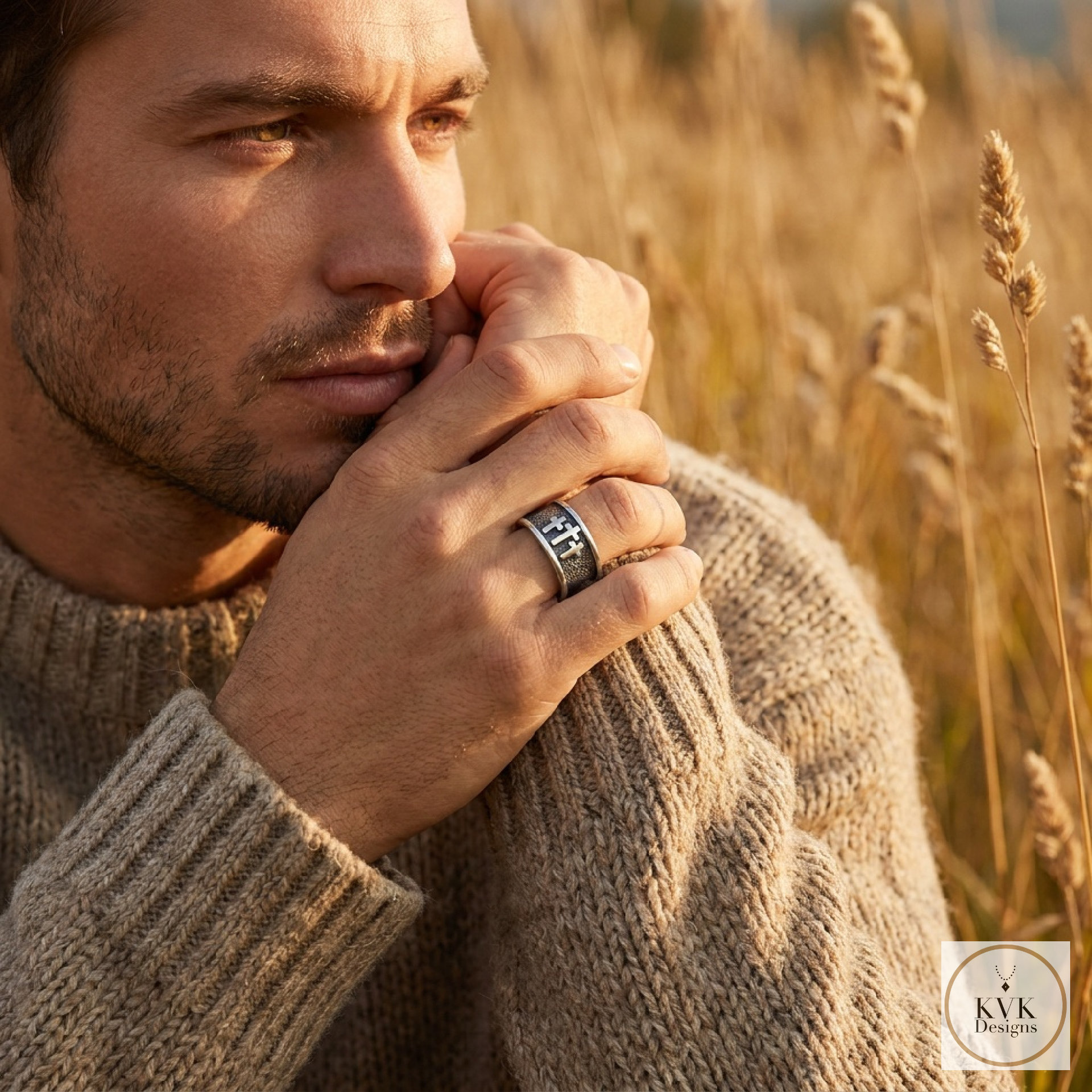  Oxidized Sterling Silver Three Cross Ring