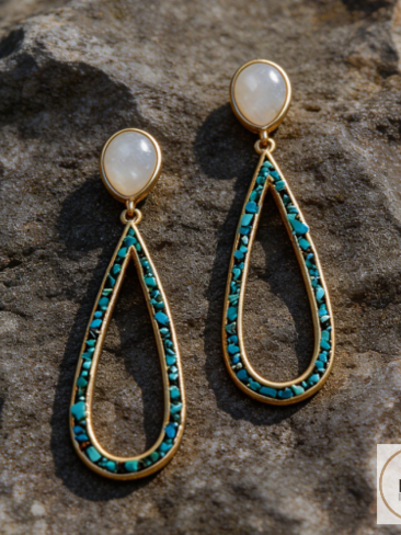 14 Karat Gold Plated Rainbow Moonstone and Turquoise Chip Post Earrings