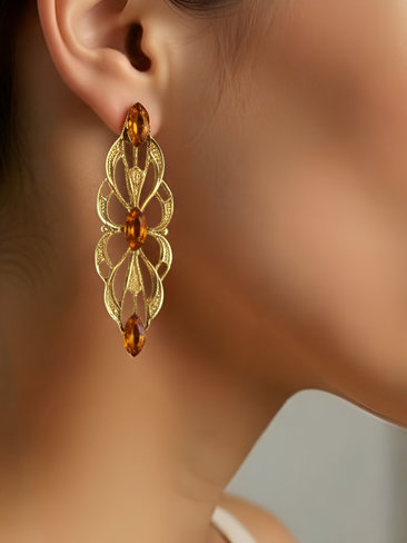 Amber Swarovski Rhinestone Filigree Pendant Earrings