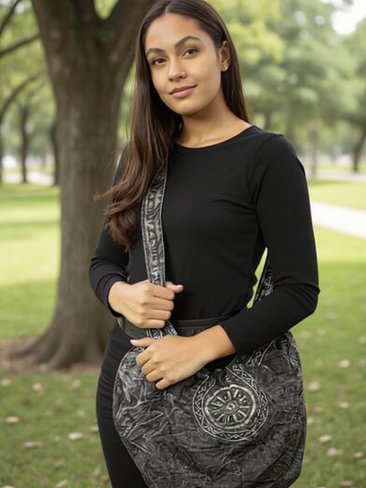 Boho Black Embroidered Hobo Bag - Oversize Hippie Shoulder Bag