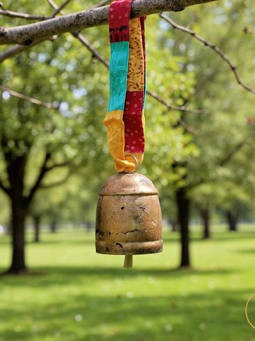 Boho Copper Bell Colorful Sari Silk Ribbon Artisan Wall Hanging