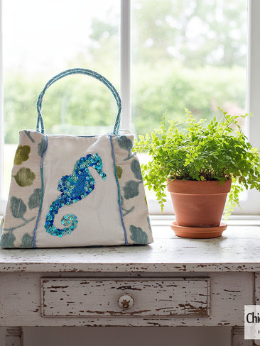 Sea Horse Bucket Tote with Hand Embroidered Sequins