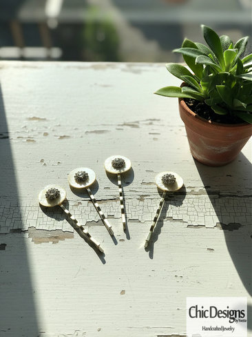 Elegant Mother of Pearl Hair Pins with Rhinestone Accents | Set of 4