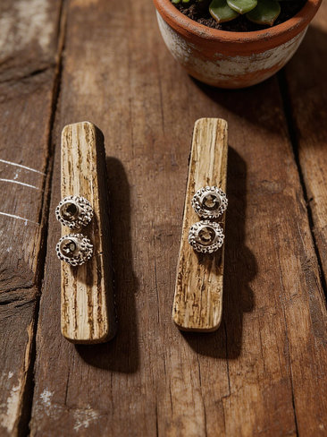 White Beige and Gray Wooden Bar and Smokey Gray Swarovski Rhinestone Earrings 