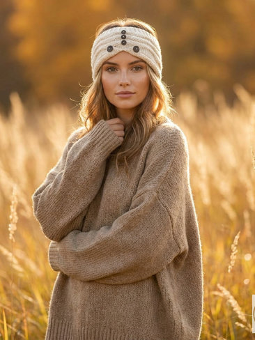 Hand-Knit Off White Wool Headband with Buttons - Cozy Ear Warmer for Women