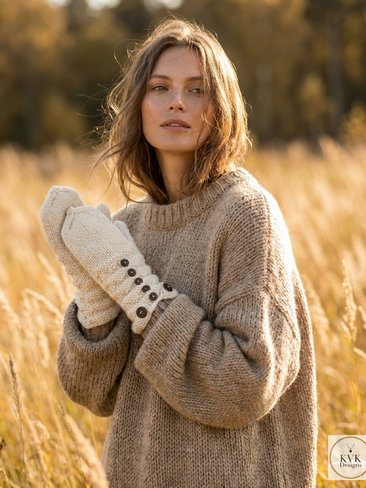 Hand-Knit Off White Wool Mittens with Wooden Buttons - Convertible Fingerless Gloves
