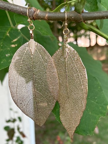 Handcrafted Gold Leaf Earrings, Elegant Botanical Dangles, Delicate Nature Jewelry Drops
