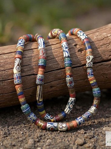 Long African Trade Bead Necklace - Vibrant Bohemian Statement Jewelry